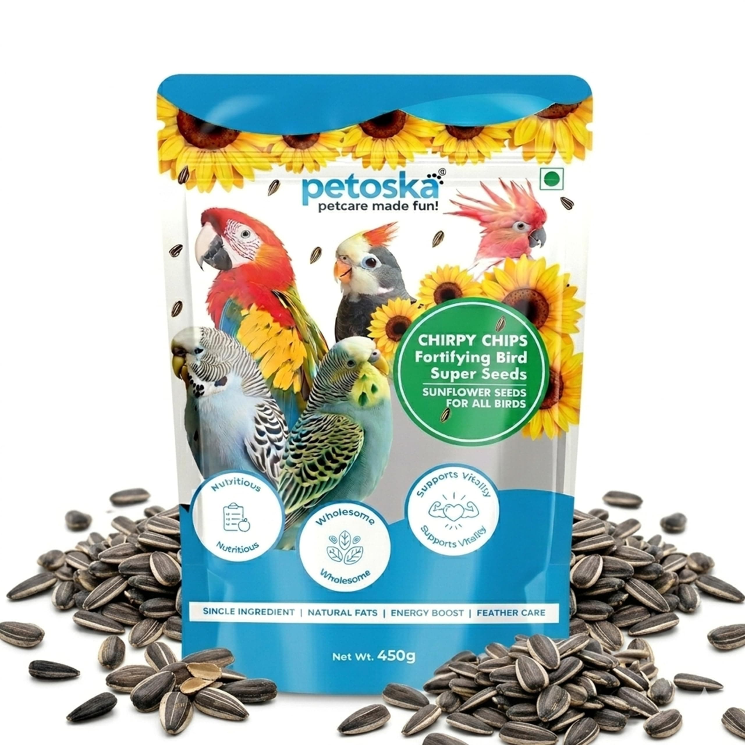 Petoska Chirpy Chips Sunflower Seeds | Fortifying Bird Superfood | for All Birds | Nutritious, Wholesome, Supports Vitality | 450 g