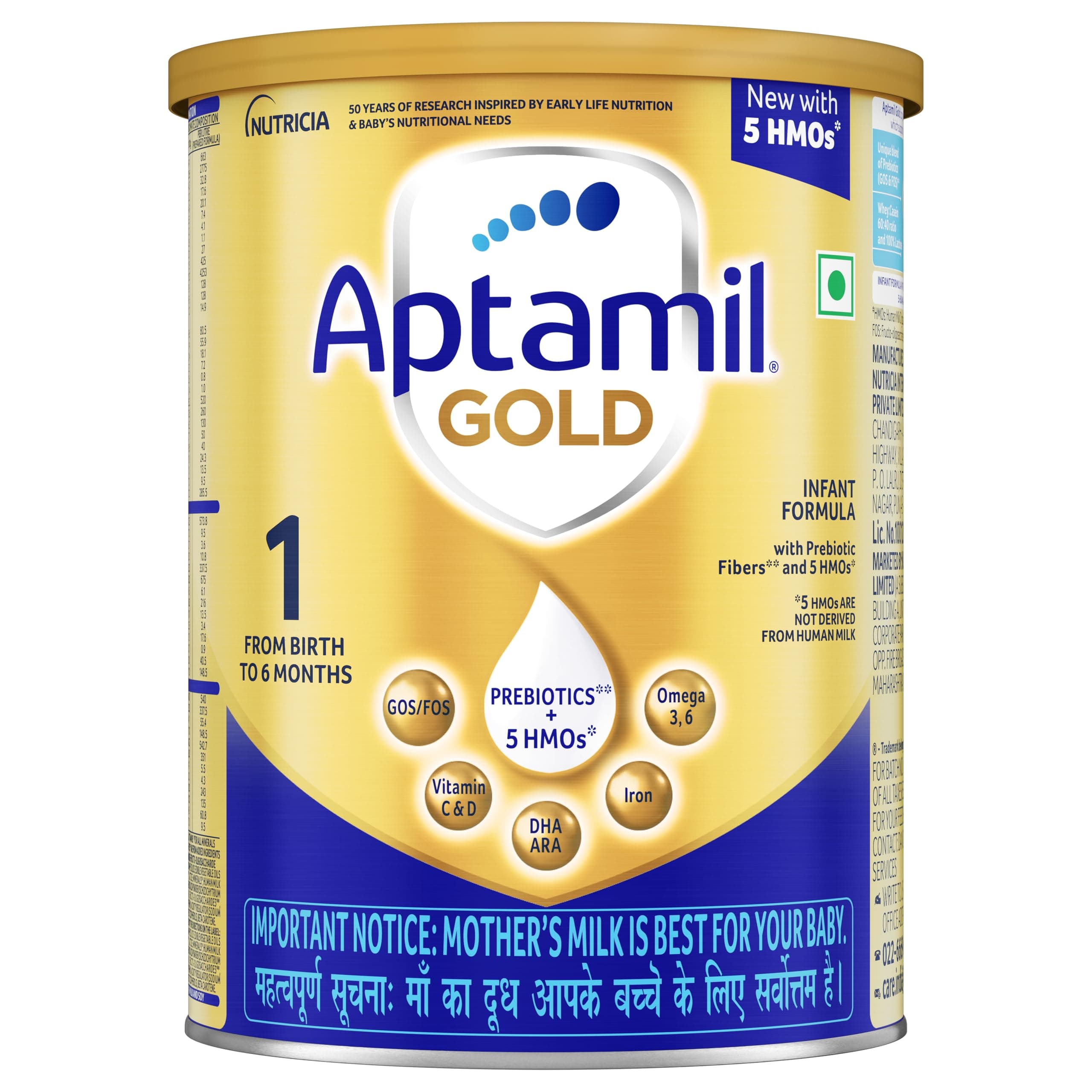 Aptamil Gold Infant Formula for Babies - Stage 1 (Upto 6 months) - with 5HMO and Prebiotics - 400gms - Tin Pack