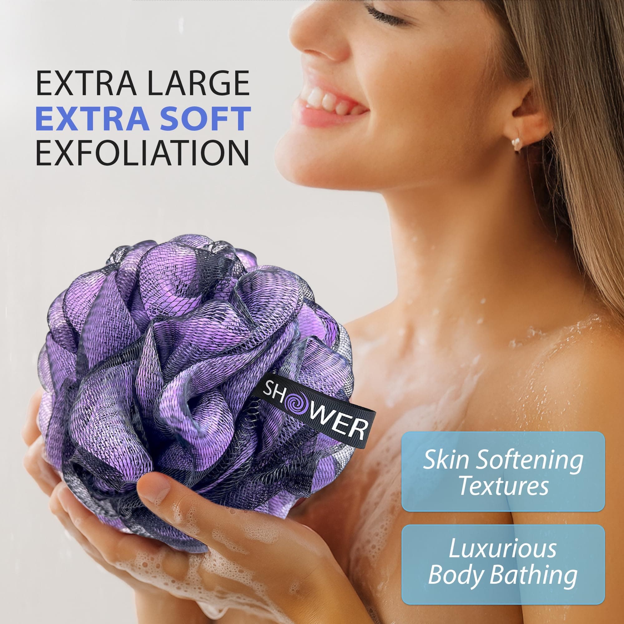 Loofah-Charcoal Bath-Sponge-Color-Set XL-75g by Shower Bouquet - Extra Large 4 Pack, Soft Mesh Black Bamboo Loufa Puff - Exfoliating Body Scrubber for Women and Men: Soothing Face & Body Exfoliator