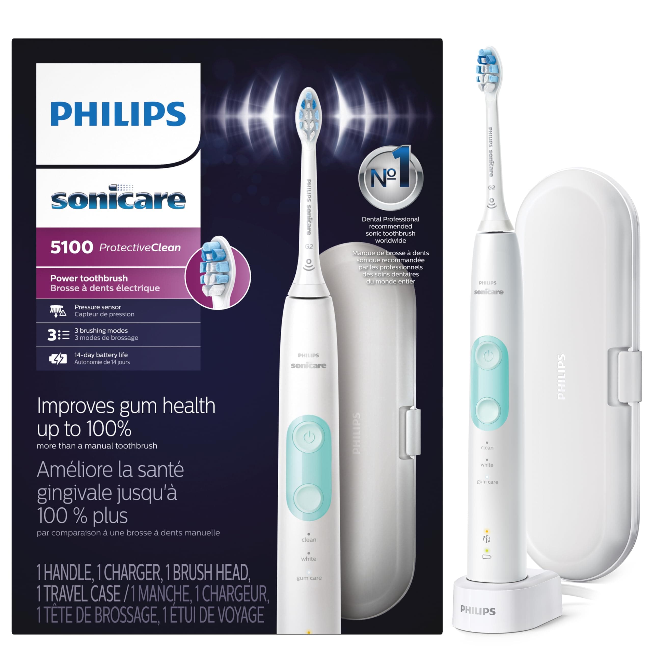 Philips Sonicare ProtectiveClean 5100 Plaque Control, Rechargeable electric toothbrush with pressure sensor, White Mint HX6857/11