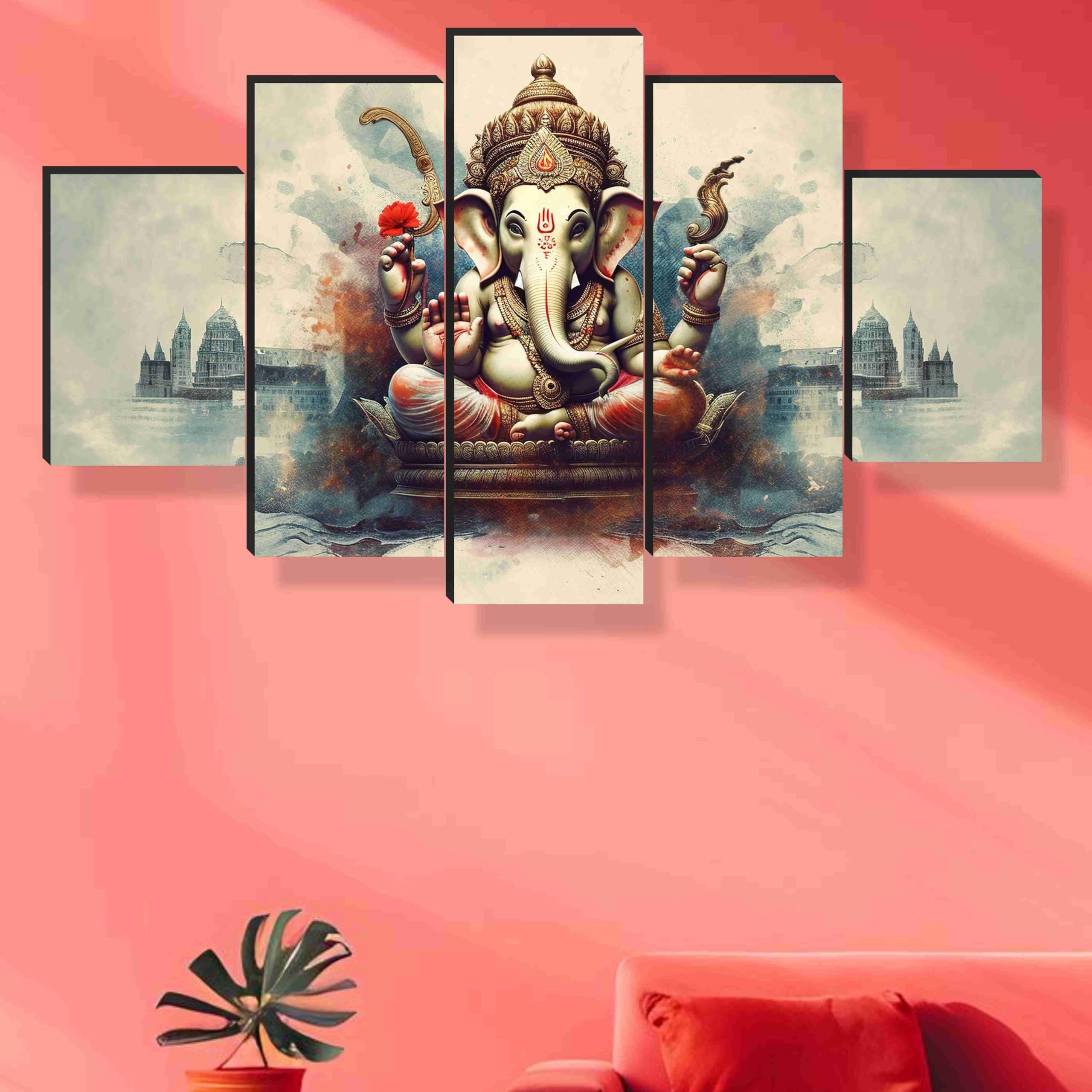 SAF Ganesha Paintings for Wall Decoration - Set Of Five, 3d modern art Painting for