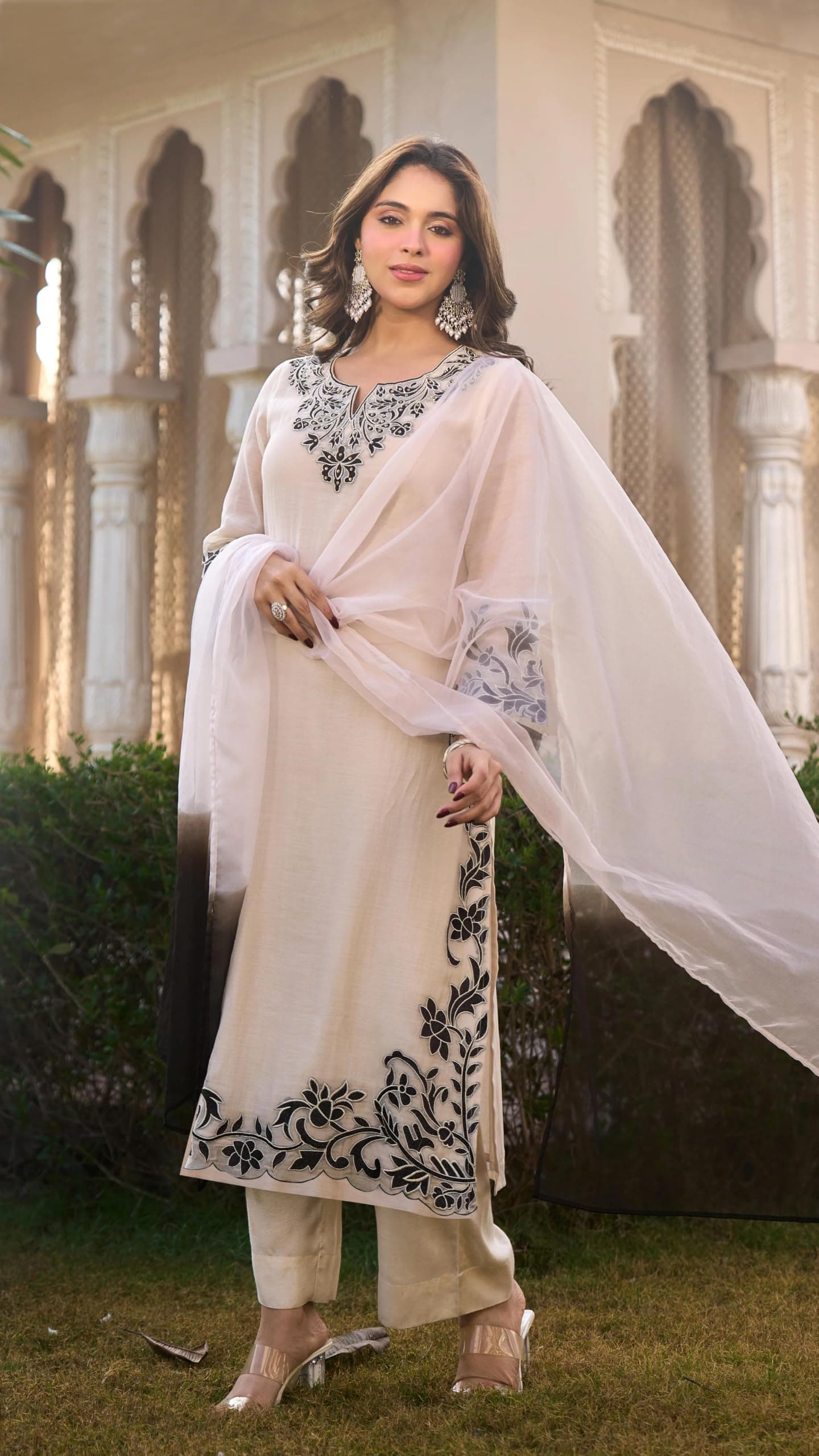 GoSriKi Kurta Sets for Women Viscose Embroidered | Kurti Set for Woman | Straight Kurta Palazzo Dupatta Set | 3 Piece Set Women | Round Neck V-Slit Full Sleeve Stylish Ethnic Outfit Clothing