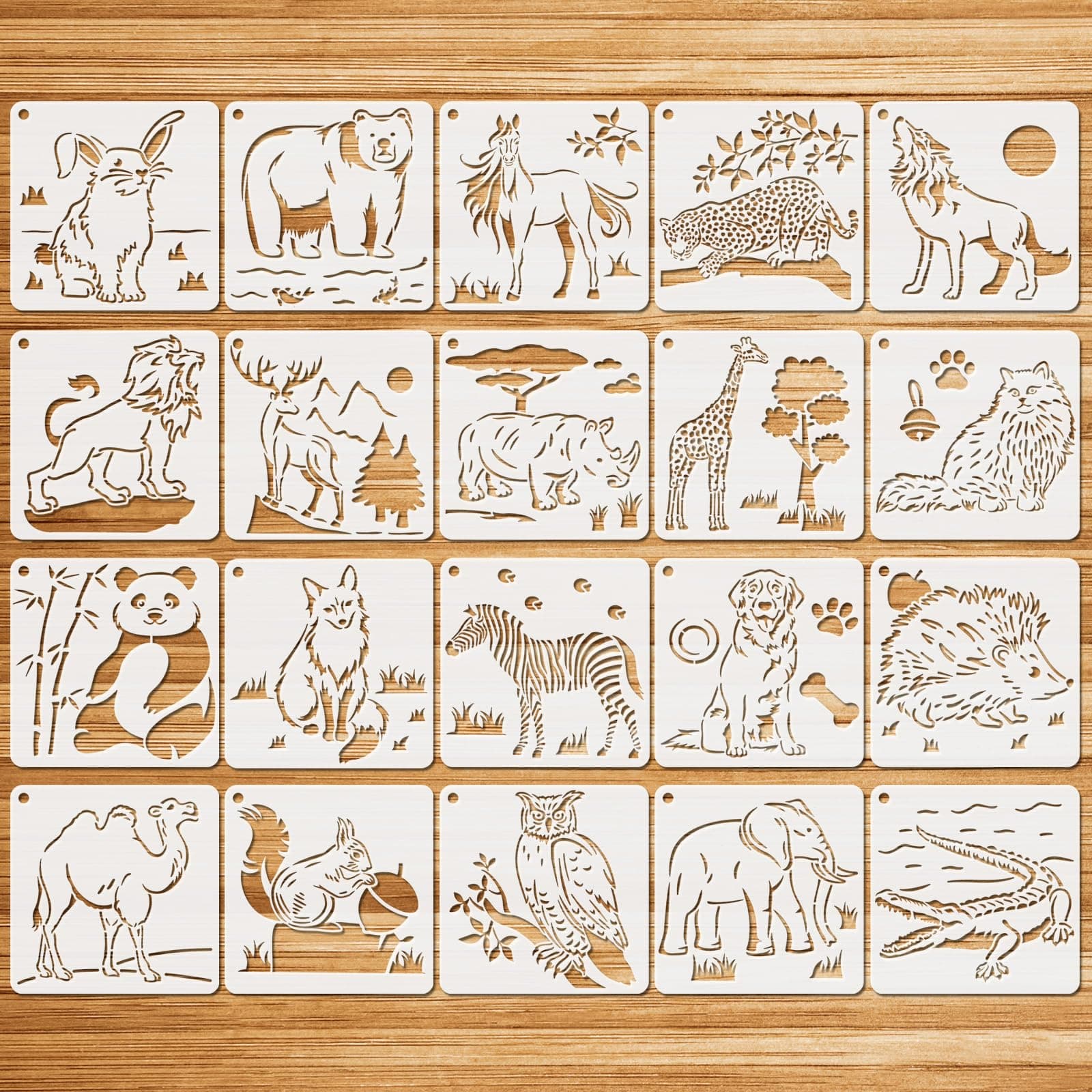 JSRQT 20 Sheets 6 Inch Animal Stencils for Painting, Land Painting Stencil Templates Reusable, Lion Elephant Dog Fox Panda DIY Craft Drawing on Paper Wood Wall Home Decor, JR-PP037-L