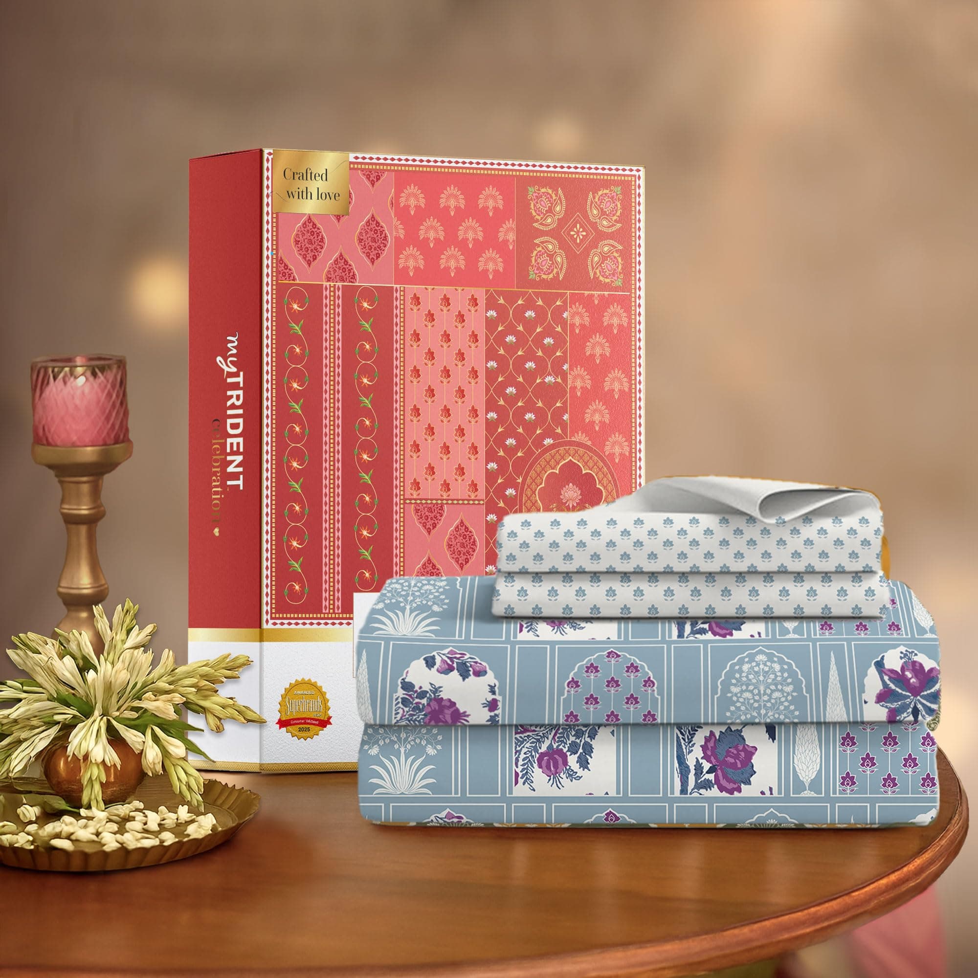 Trident Celebration Queen Bedsheet Set, 100% Cotton Bedsheet for Double Bed (1 Queen Size Bedsheet with 2 Pillow Covers) Superior Softness, 144 Thread Count, Suitaible for Gifting