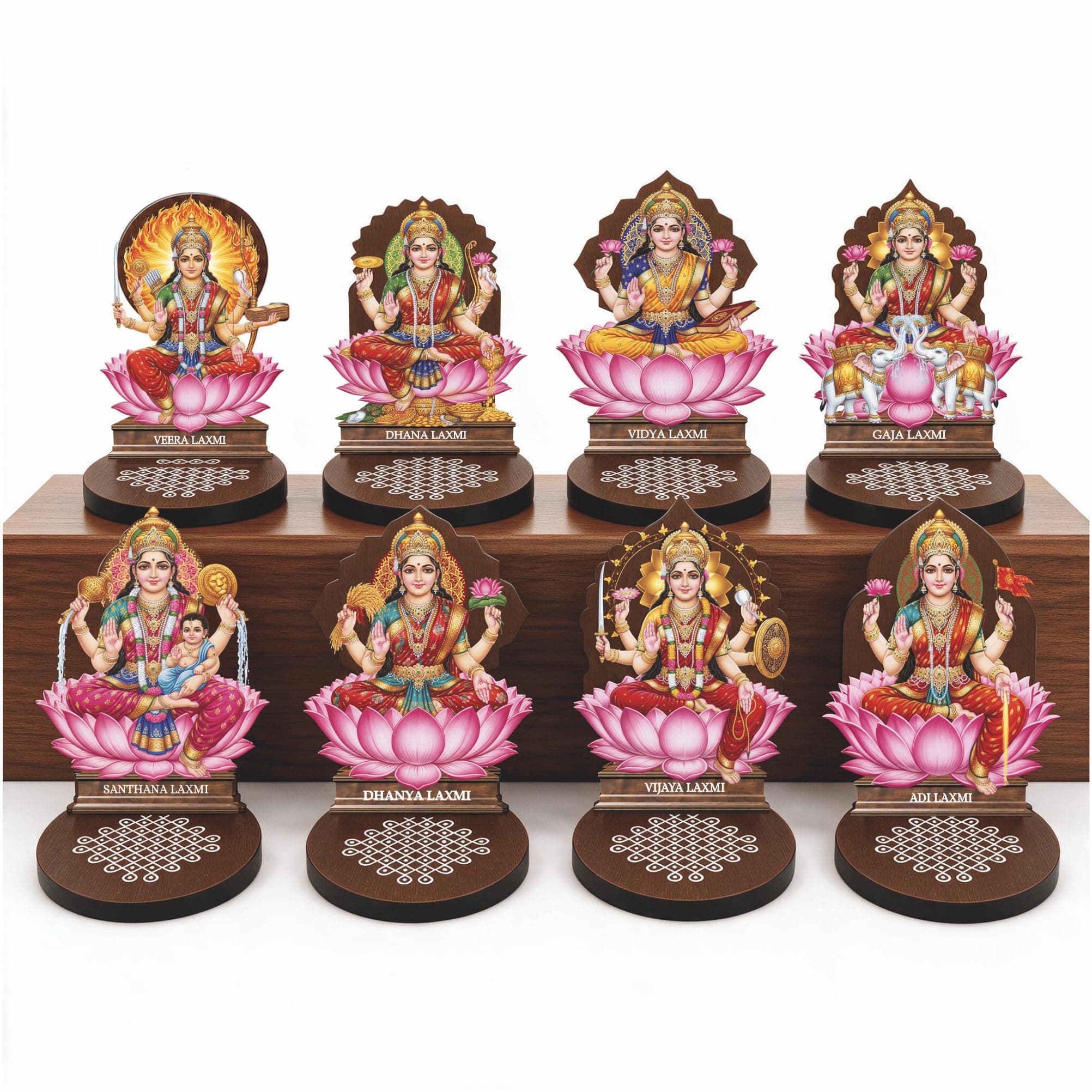 Satvaikya Ashta Lakshmi 8 Forms Printed MDF Cutouts Set with Wooden Base Stand for Mandir, Pooja Room and Home Decor | Lakshmi MATA Tabletop Spiritual Gift | Easy Assembly, Vibrant Print