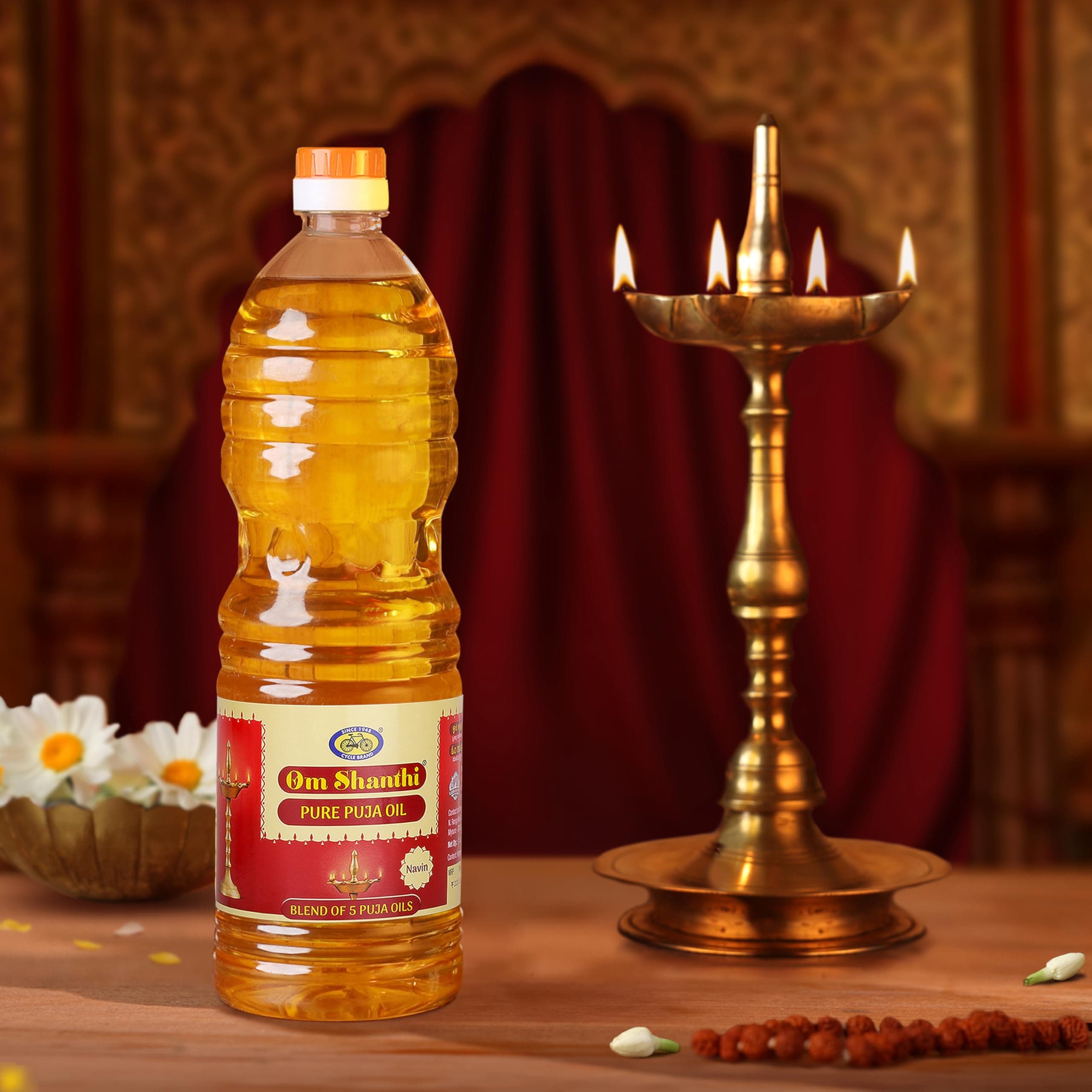 Om Shanthi POOJA MADE PURE Cycle Navin Puja Oil (Diya/Lamp Oil), Blend of 5 Puja Oils with the Fragrance of Tulsi for Daily Puja, Festivals - Pack of 1/1 Liter Per Pack