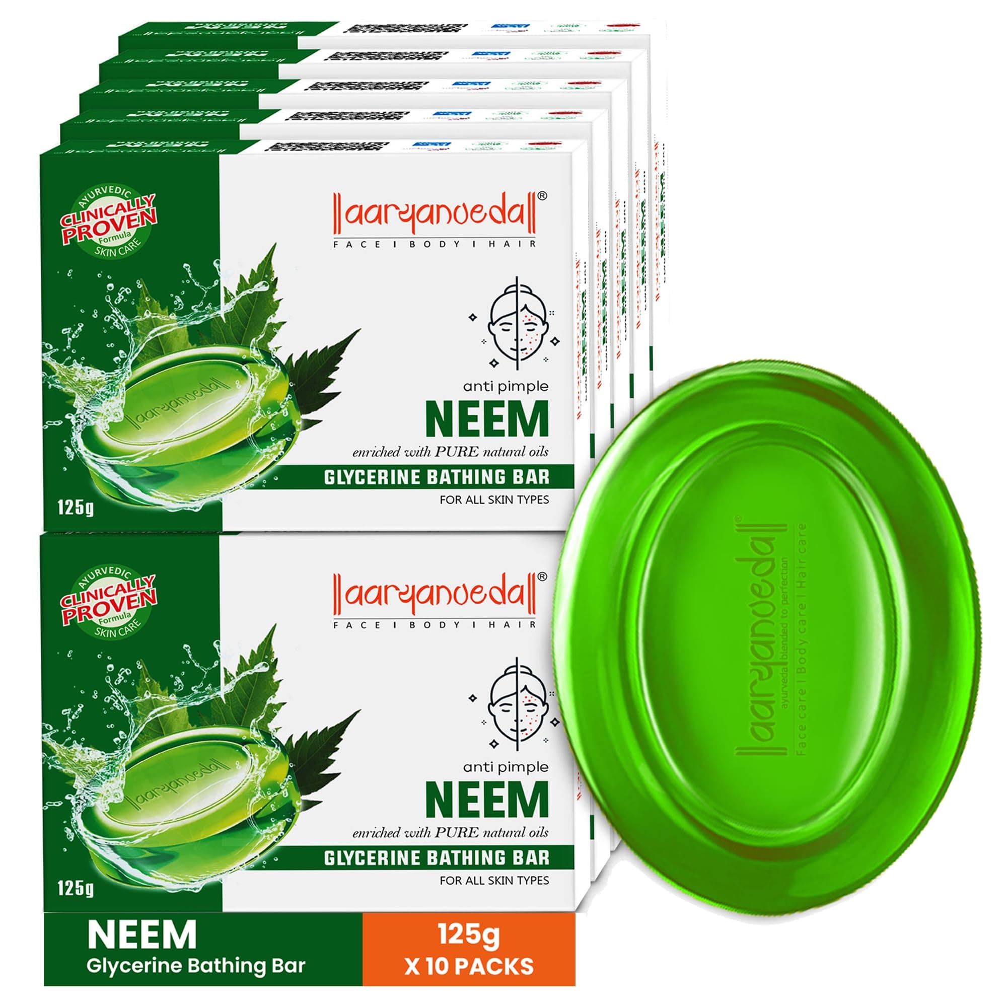 Aaryanveda Neem Bathing Bar Enriched with Goodness of Natural Oils, Aloe Vera & Neem For Smooth, Soft, Moisturised & Nourished Skin 125g (Pack Of 10)