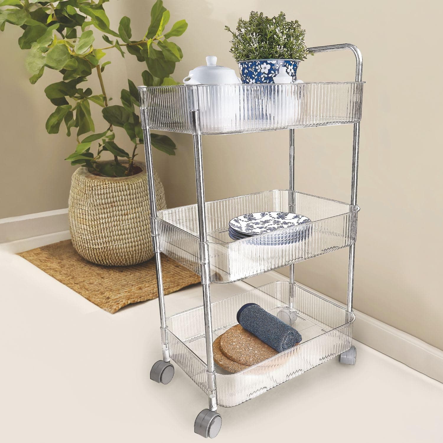Nayasa Stunner 3 Layer Rack | Plastic Organizer Cart with Wheels | Modern Trolley for Bathroom & Kitchen | Movable Multipurpose Storage Rack | Space Saver Storage Cart | Transparent