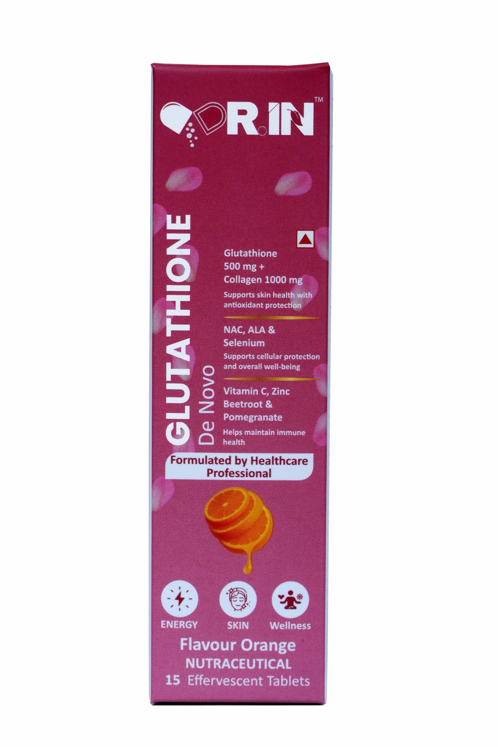 DR.IN Glutathione Effervescent Tablets 500mg, Orange, 15 Tablets