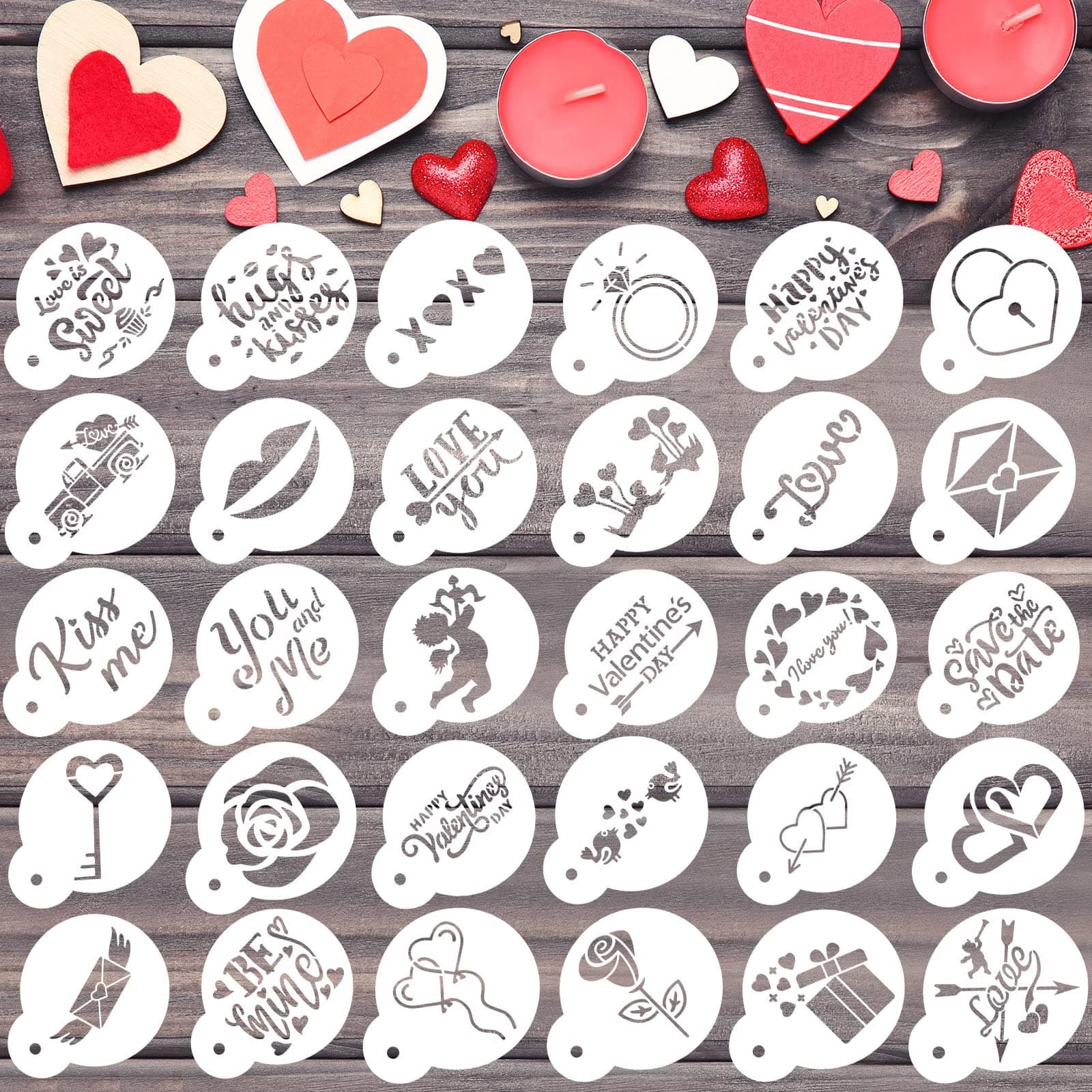 30 Pieces Valentine's Day Cake Stencils Reusable Valentine Cookie Stencils Cake Cookies Baking Painting Mould Heart Stencil Templates Coffee Art Stencils for Valentine's Day Party Supplies