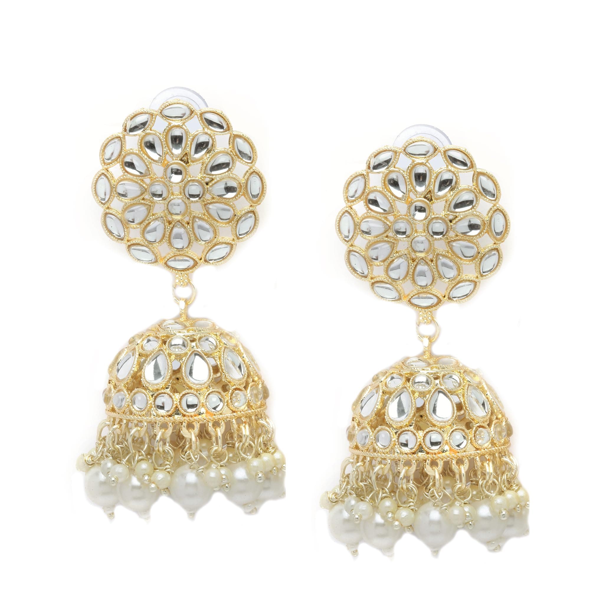 ZENEME Gold-Toned White Pearl Kundan Jhumka Earrings for Women & Girls Round Jhumki with beaded Drops Traditional Jewellery