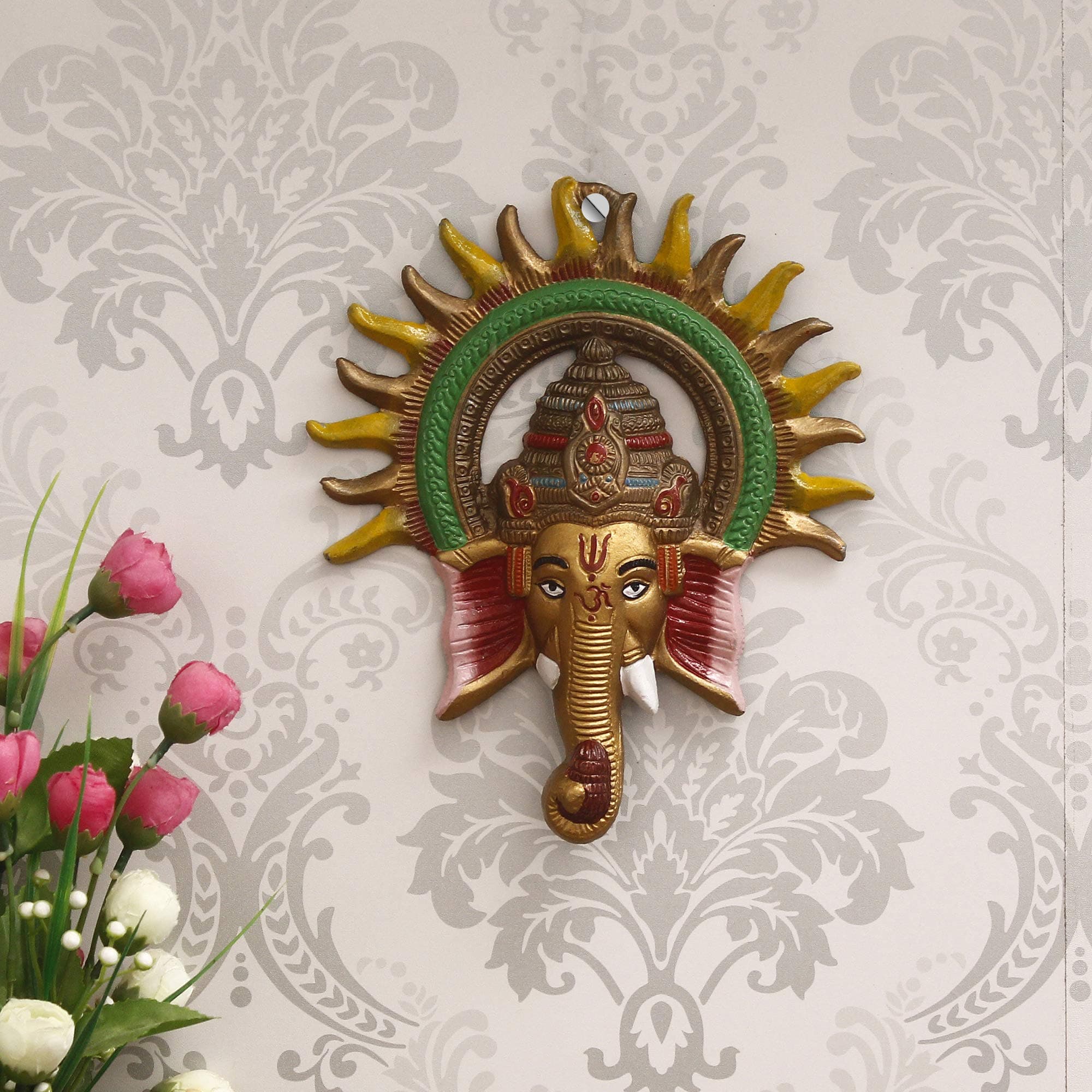 eCraftIndia Colorful Metal Sun Decorative Ganesha Wall Hanging- Lord Ganesha Statue Wall Art-Decorative Showpiece for Wall Decor-Diwali Decoration Items for Home Decor