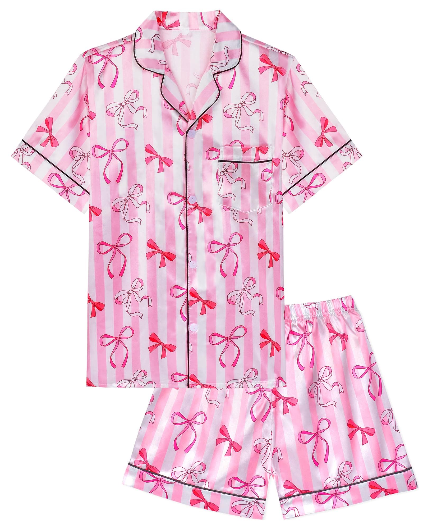 Sylfairy Girls Pajamas Silk PJS Set Pink Bow Satin Sleepwear Short Sleeve Jammies for Kids Button-Down Nightwear size 7-14