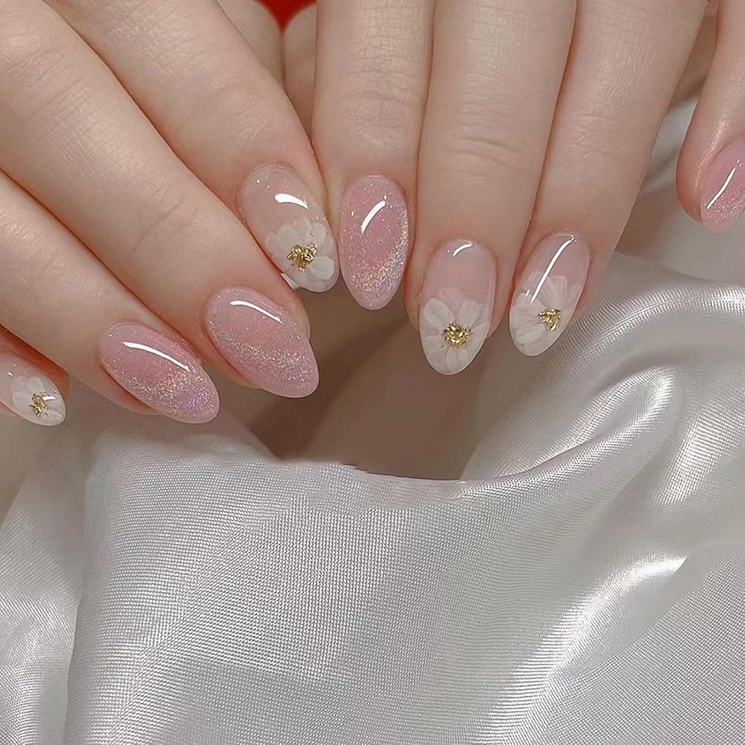Kriga 24 Reusable Artificial Fake Nail Set| Pink Color With White Color Flower Design Almond Shape Glossy Nails| Lightweight & Long Lasting| Quick Fix For Festivals & Special Occasions