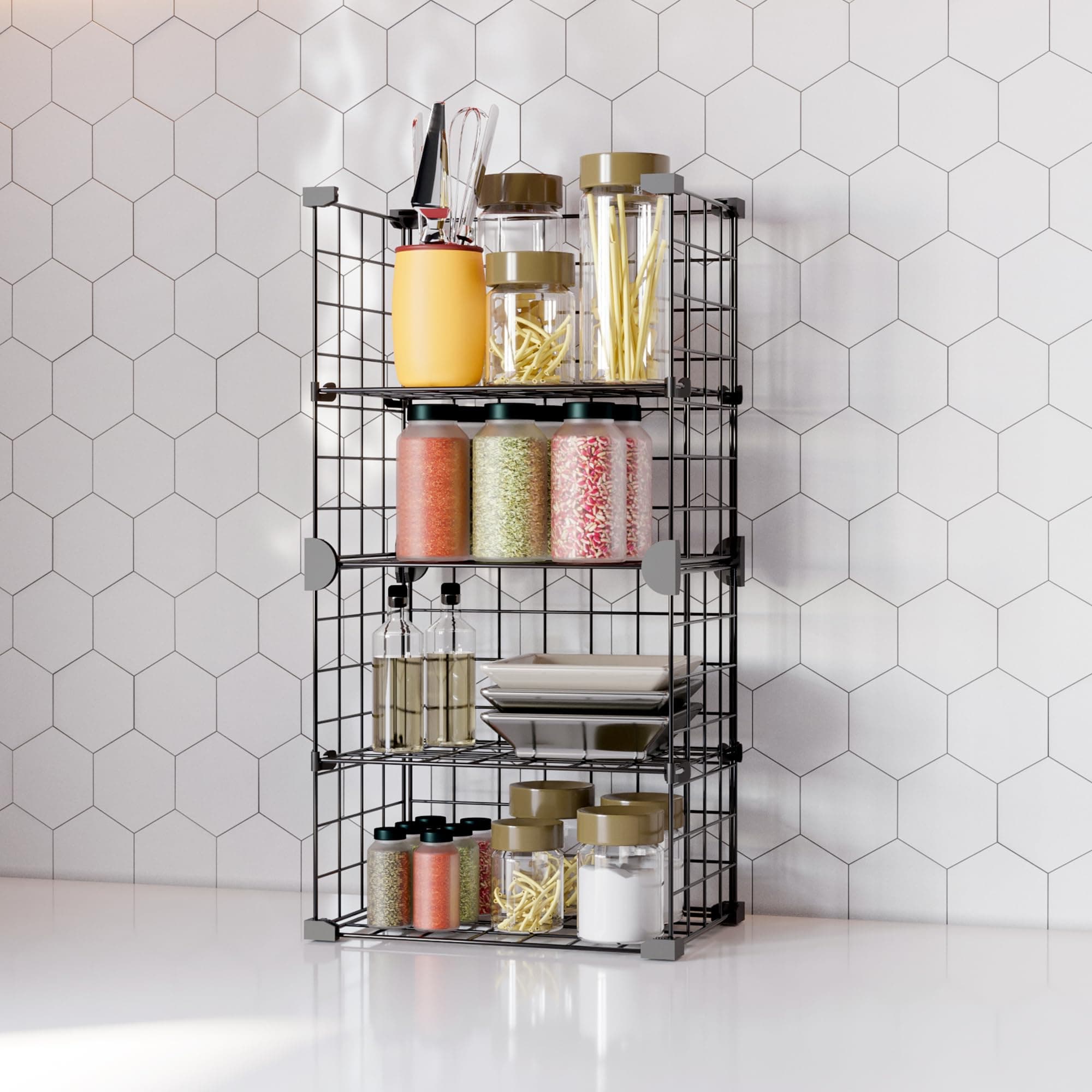 BOXJOY 4 Tier Metal Kitchen Organizer Rack Stand for Spice, Oil and Other Accessories | Multipurpose Storage Countertop Shelf Organiser | Modular Counter Top Racks for Essential Items | Black
