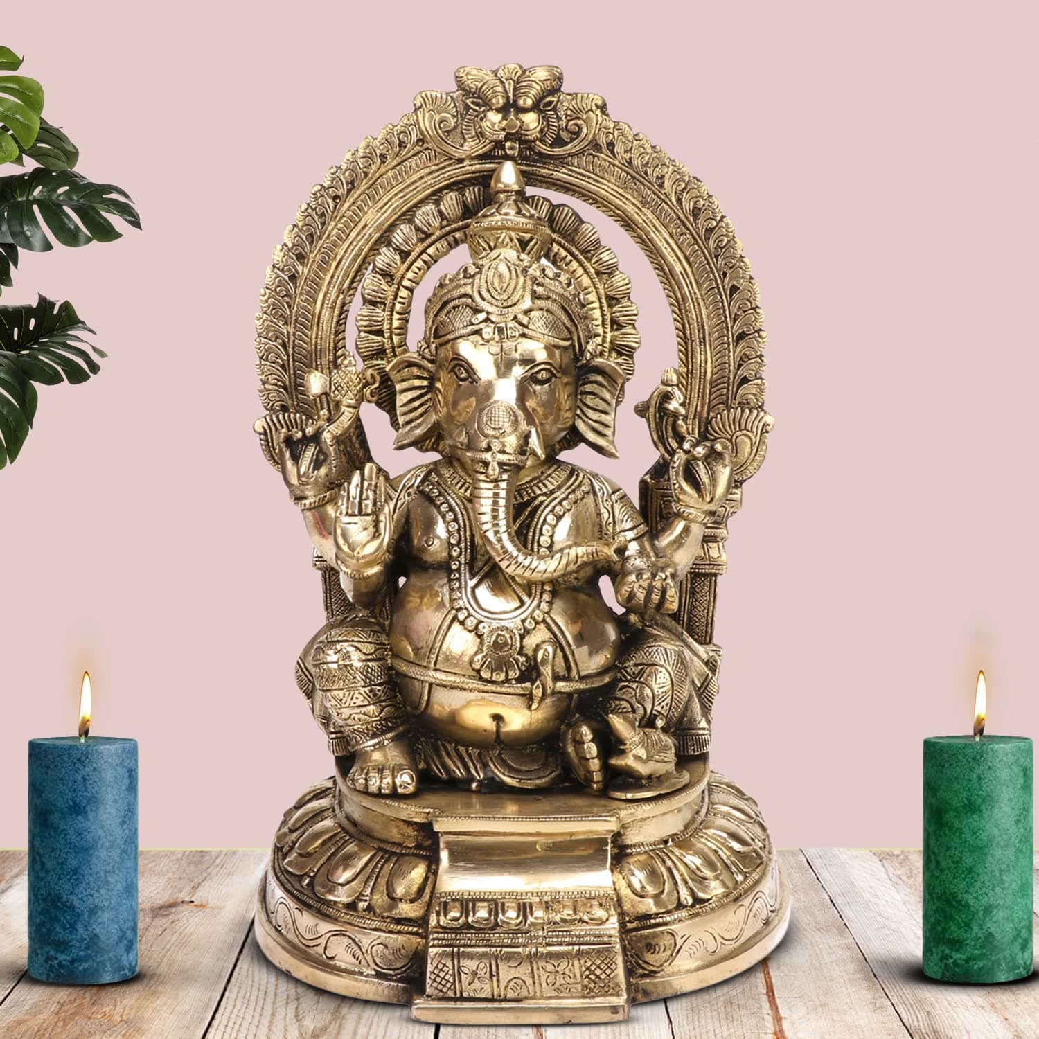 Kartique Brass Ganesha Idol with Arch - 12 Inch Height - Ganesh Murti for Home and Temple Decor