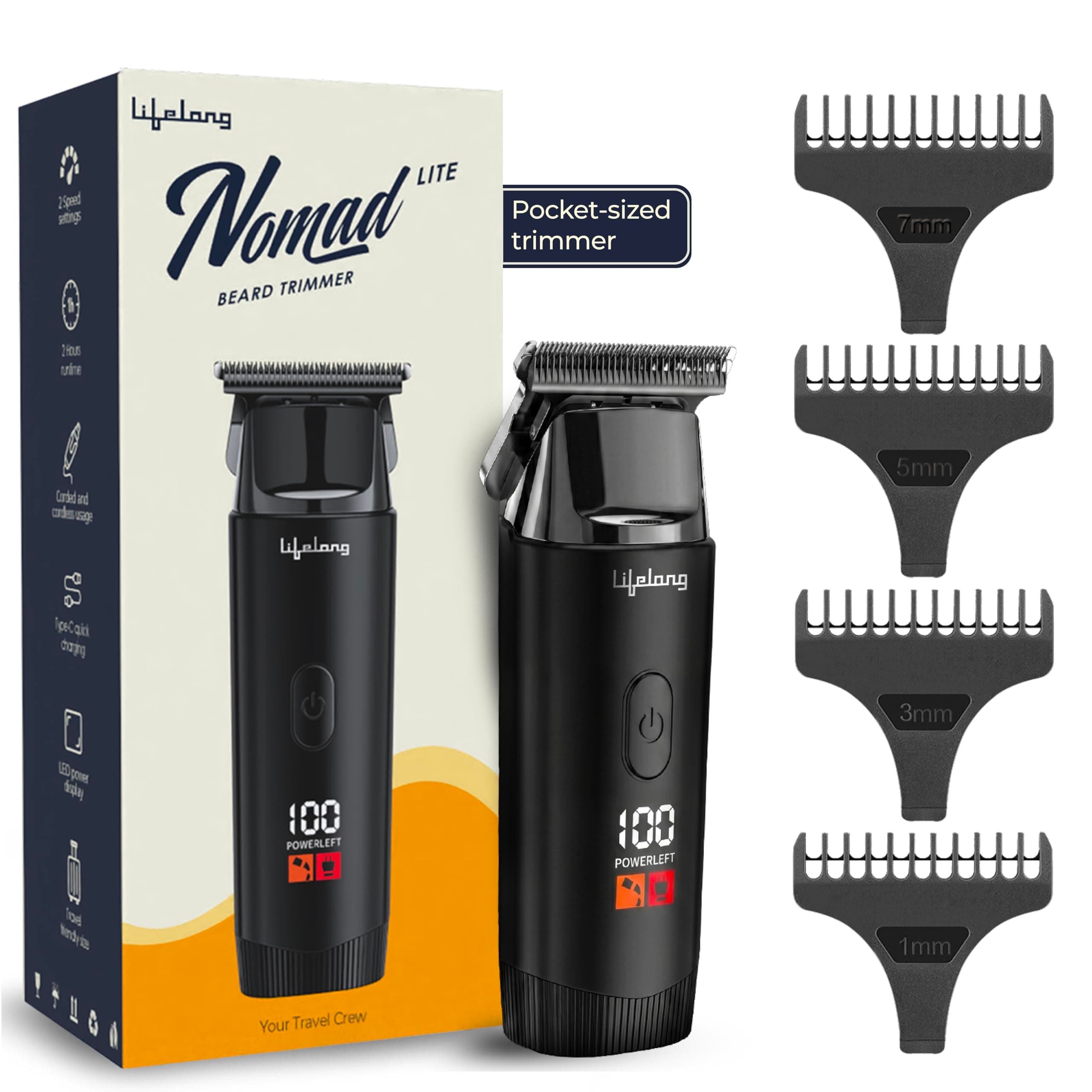 Lifelong Mini Beard Trimmer for Man | Trimmer Men Beard | Cordless Portable All in One Trimmer for Man | Skin Friendly Shaving Machine with 4 Combs, 1.5Hr TypeC Rechargeable, 2Hr Runtime, Travel Lock