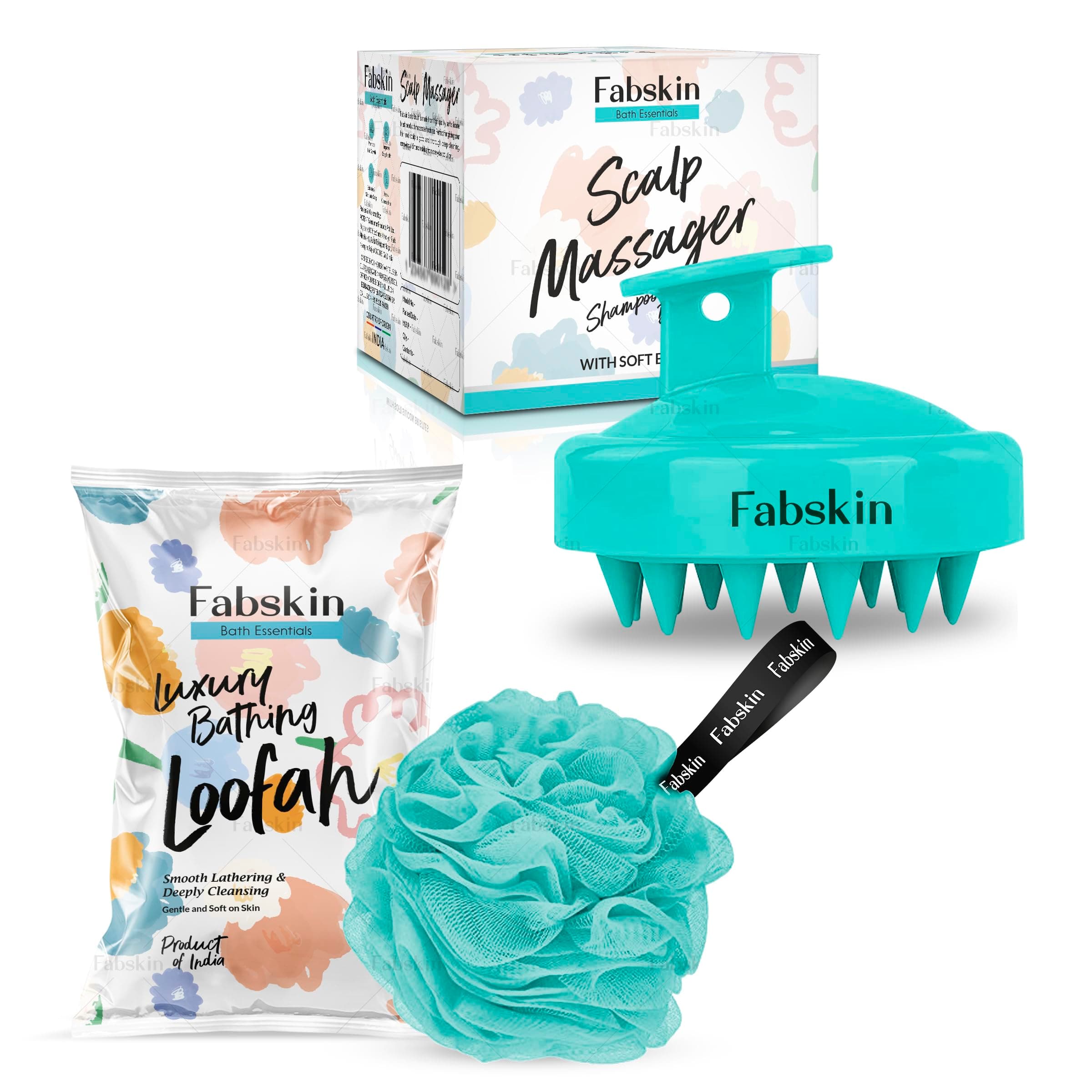 FABSKIN Loofah for Bathing & Shampoo Brush Combo | Bath Shower Loofah Sponge Scrubber Exfoliator for Women and Men | Scalp Massager | Body Wash Scrub for Bathing | Bath Scrubber For Body