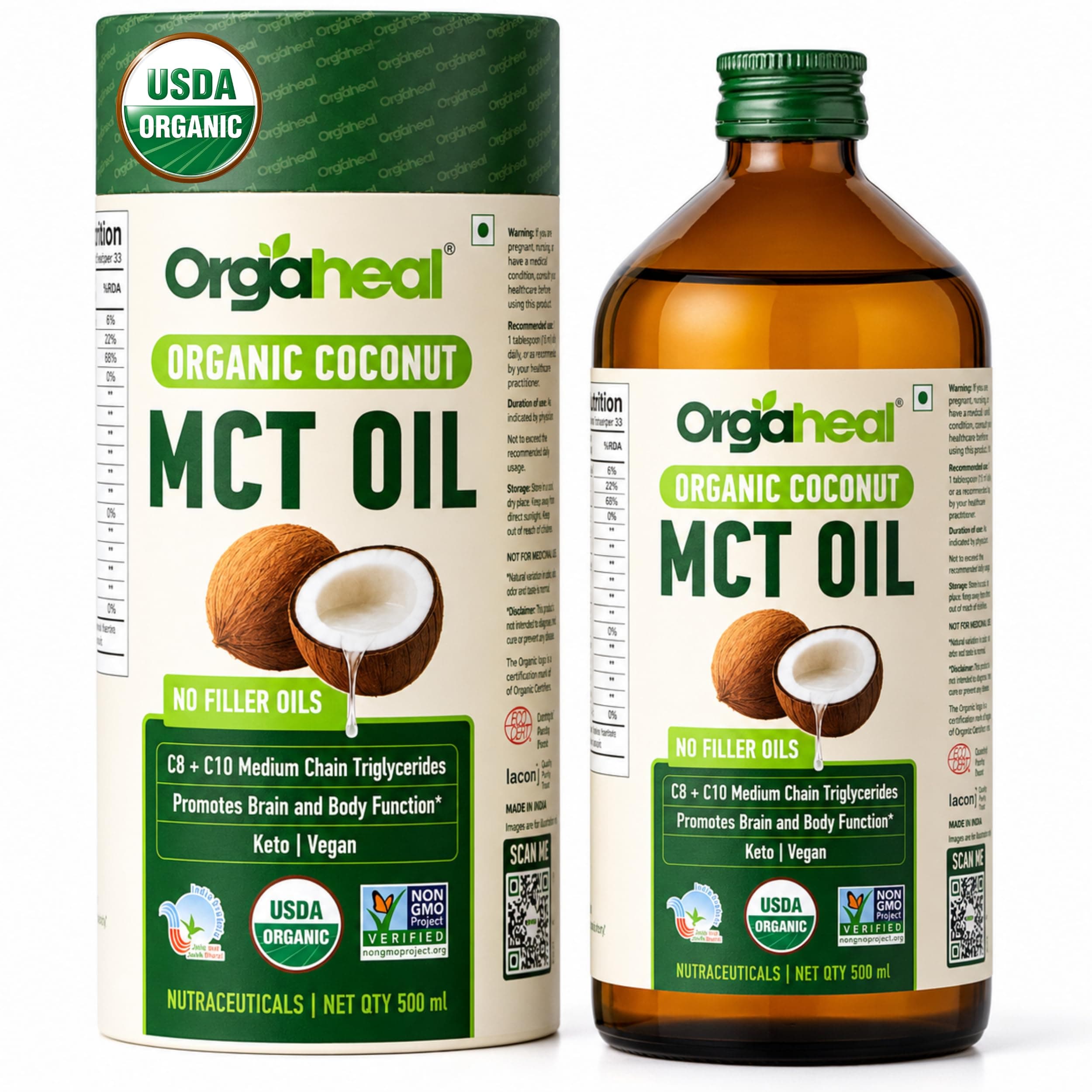 Orgaheal Organic MCT Oil, 500ml | Keto & Vegan | Pure Medium Chain Triglycerides from Coconut | Energy Support | C8 & C10 | Ideal for Coffee, Smoothies & Shakes