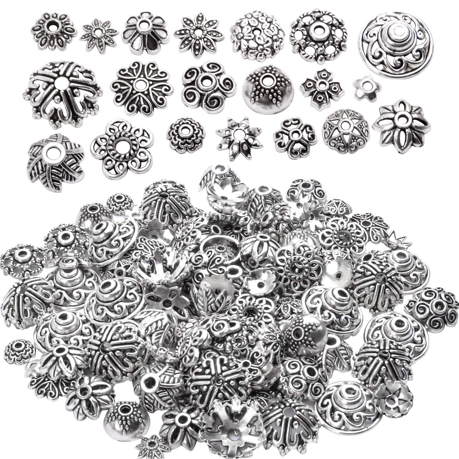 BronaGrand 200pcs Tibetan Silver Flower Bead Caps Bead Caps Spacer Beads Bali Style Jewelry Findings for Necklace Bracelet,20 Styles