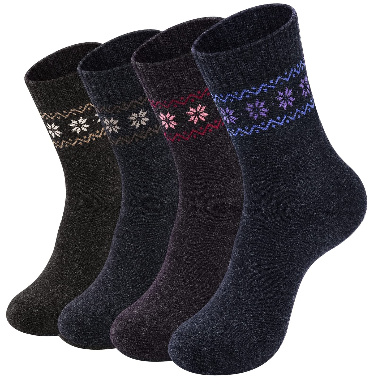 Pack of 4 Womens Soft Wool Hiking Crew Knit Socks Warm Thick Casual Socks For Women Skiing Hiking Cycling Outdoor