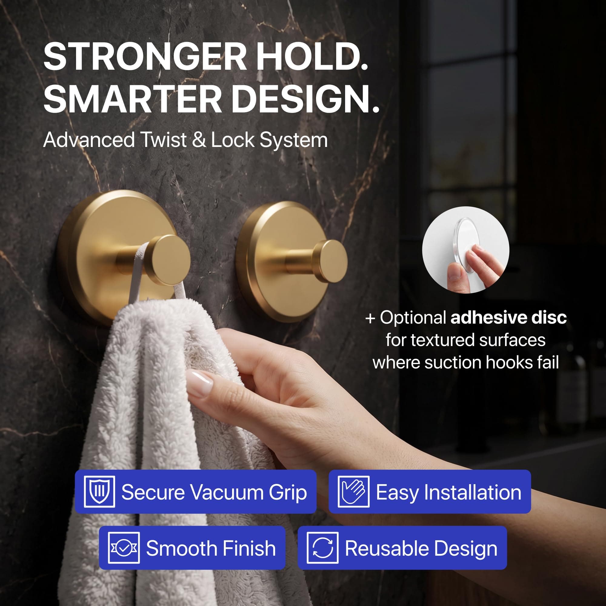 HOME SO Suction Cup Hooks for Shower, Bathroom, Kitchen, Glass Door, Mirror, Tile – Loofah, Towel, Coat, Bath Robe Hook Holder for Hanging up to 15 lbs – Waterproof & Rustproof, Matte Gold (2-Pack)
