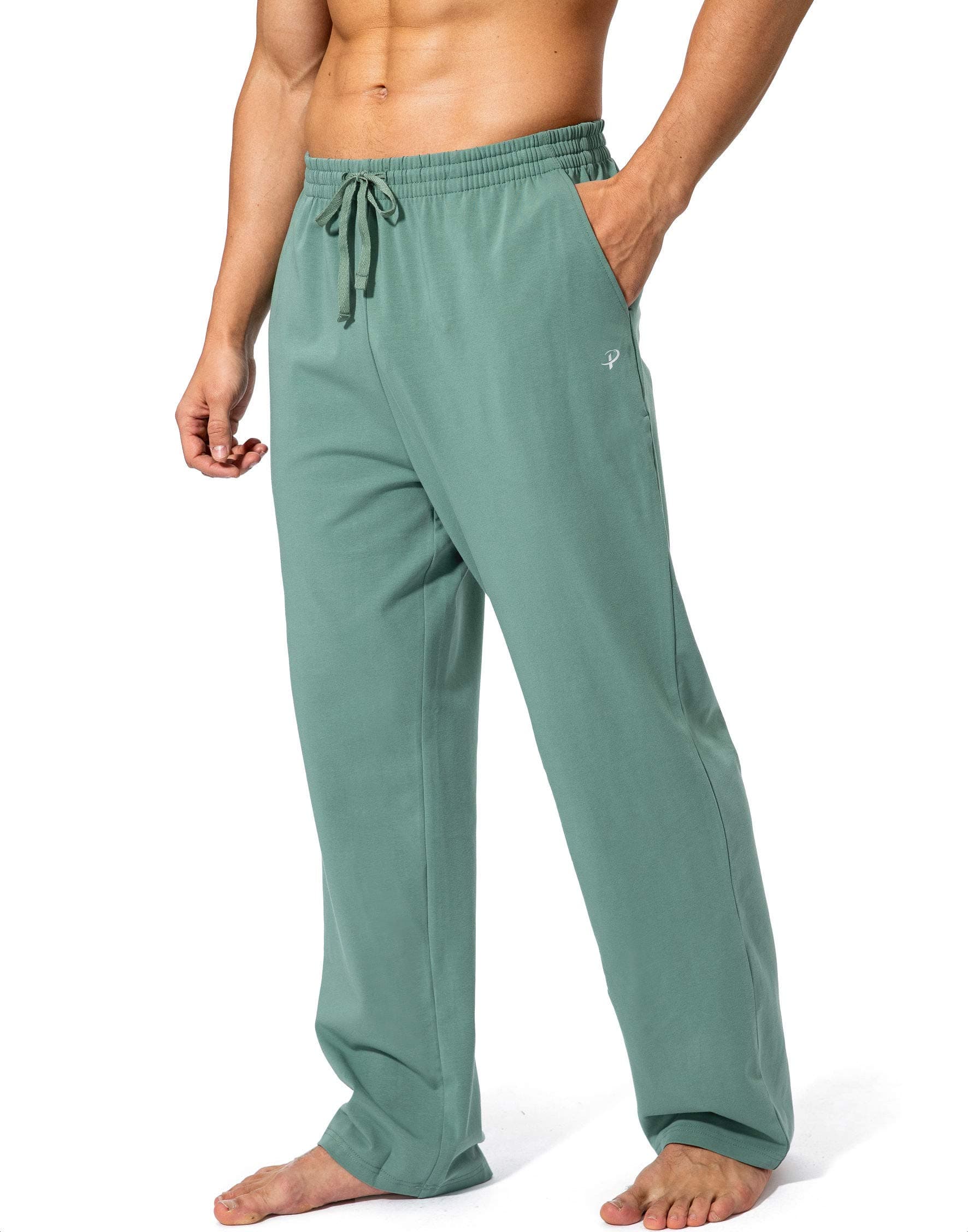 Pudolla Men's Cotton Yoga Sweatpants Athletic Lounge Pants Open Bottom Casual Jersey Pants for Men with Pockets (Green X-Large)
