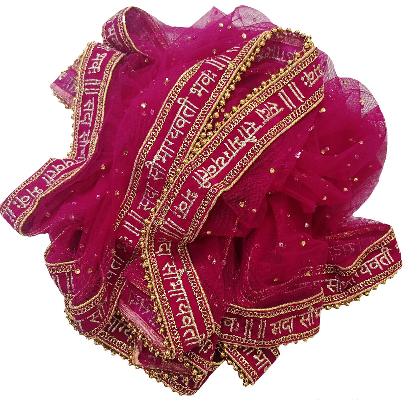 Navti Creations Wedding Bridal Women's Magenta (Pink) Net Dupatta With Sada Saubhagyawati Bhaw Embroidery Border (Full Stone work, 2.25m, 4 side moti lace)