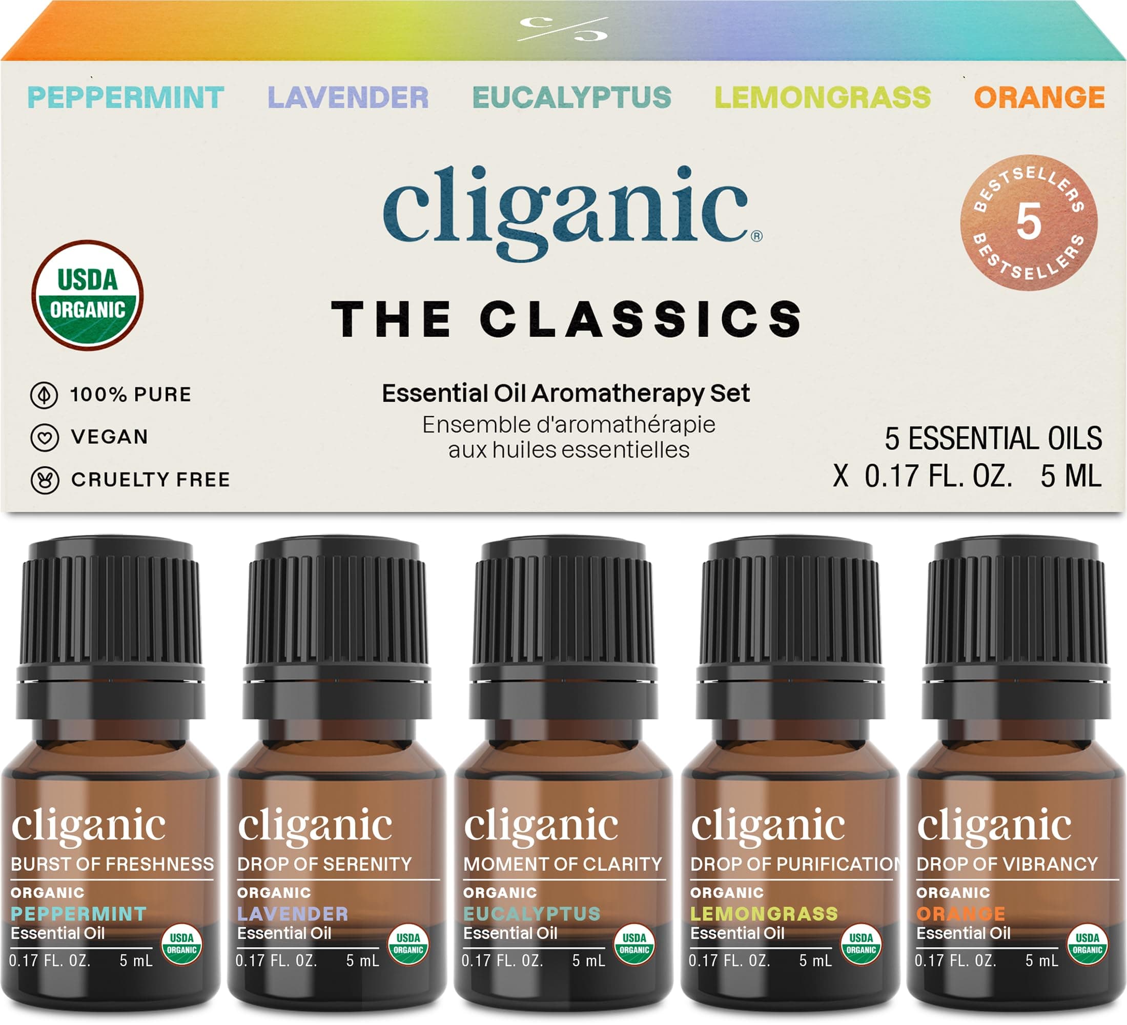 Cliganic USDA Organic Aromatherapy Essential Oils Set (Top 5), 100% Pure Natural - Peppermint, Lavender, Eucalyptus, Lemongrass & Orange