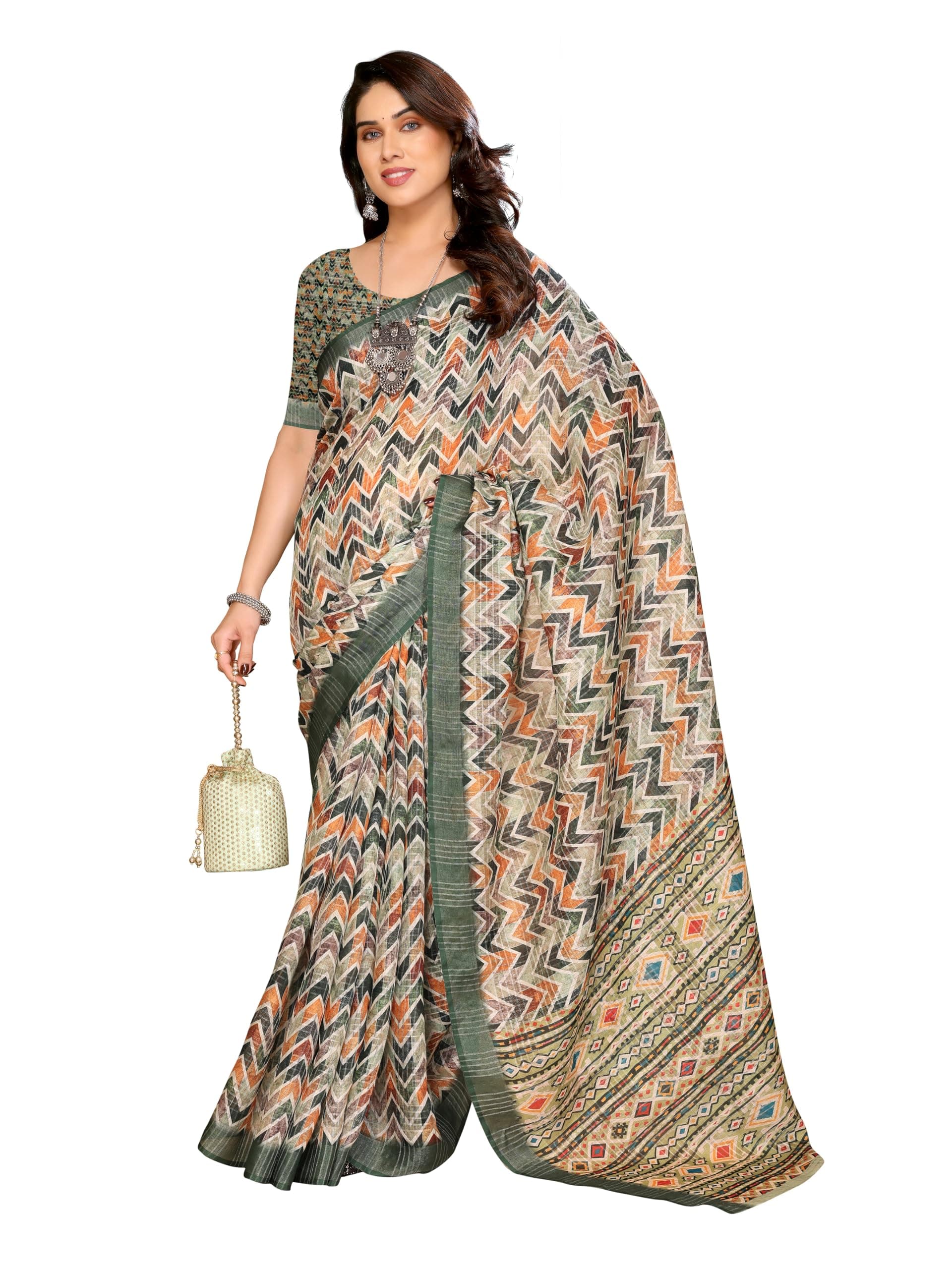 Sidhidata Women's Cotton Linen Blend Checks Digital Printed Saree With Unstitched Blouse Piece (Linen Checks Saree)
