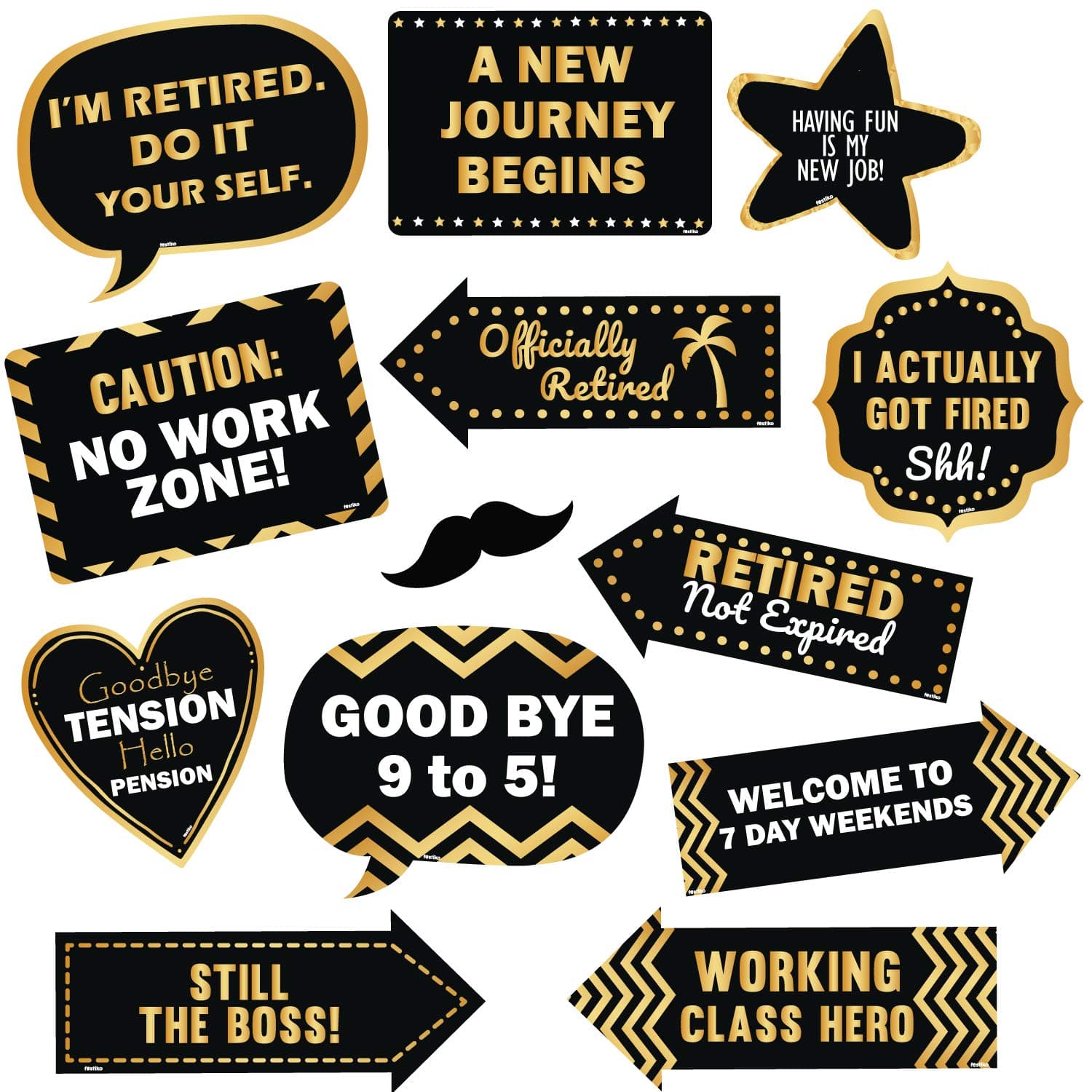 Festiko Retirement Photobooth Props - Set of 13pcs Black and Gold Cardstock Props for Retirement Party Celebration and Photoshoot
