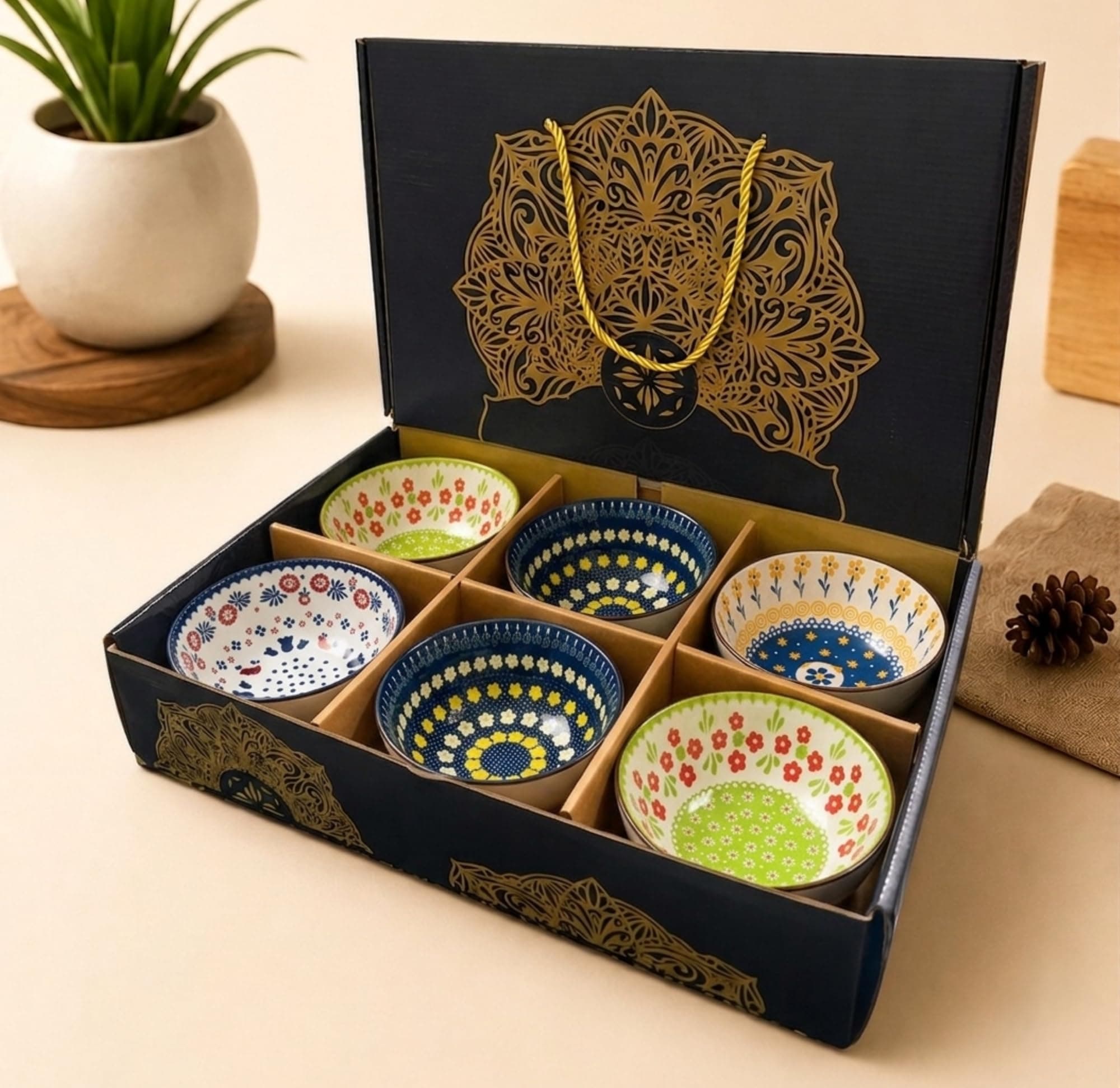 VELINEX® Ceramic Bowls, Japanese Style Breakfast Multipurpose Serving Porcelain Bowls Set for Maggi-Noodles, Rice, Dal, Soup, Fruits, Salad Cereal for Kitchen Gift Set (Multicolor, Pack of 6)
