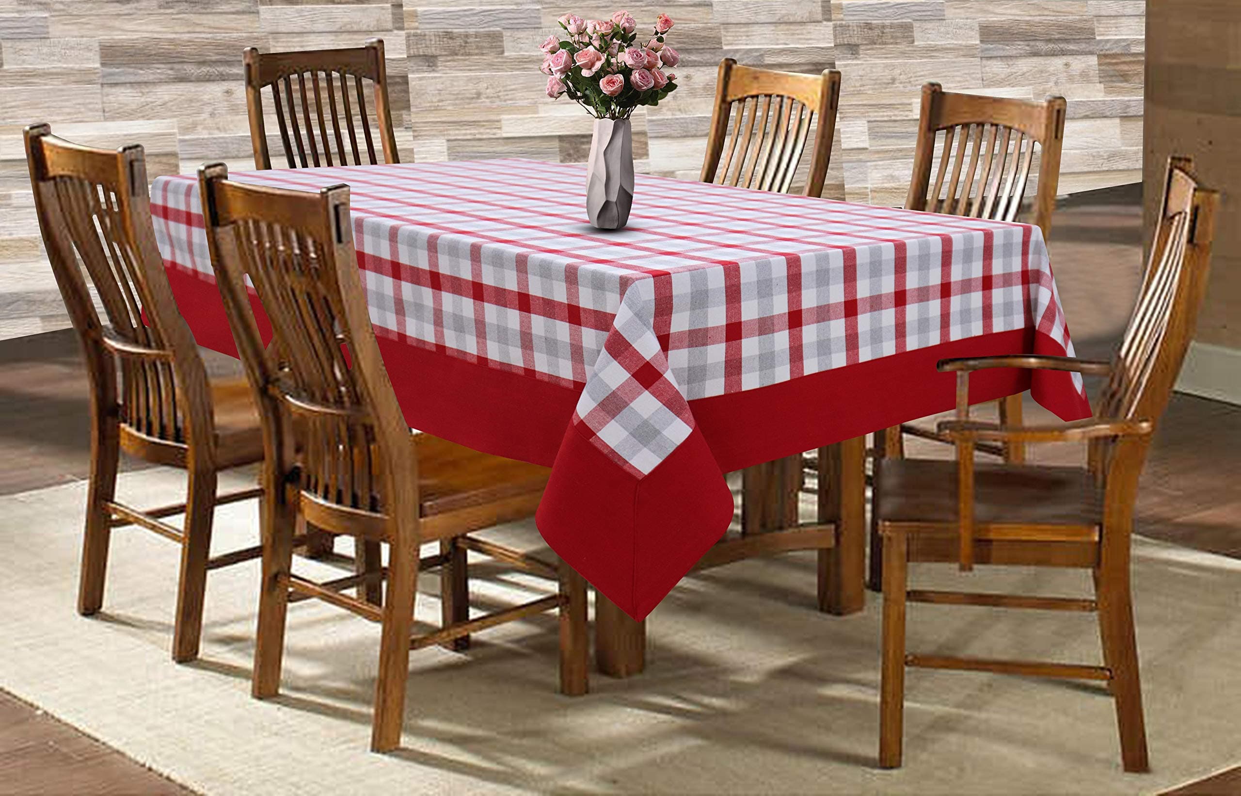 AIRWILL Cotton Checkered Rectangular Pattern 6 Seater Table Cloth Pack of 1 Pc (Red)