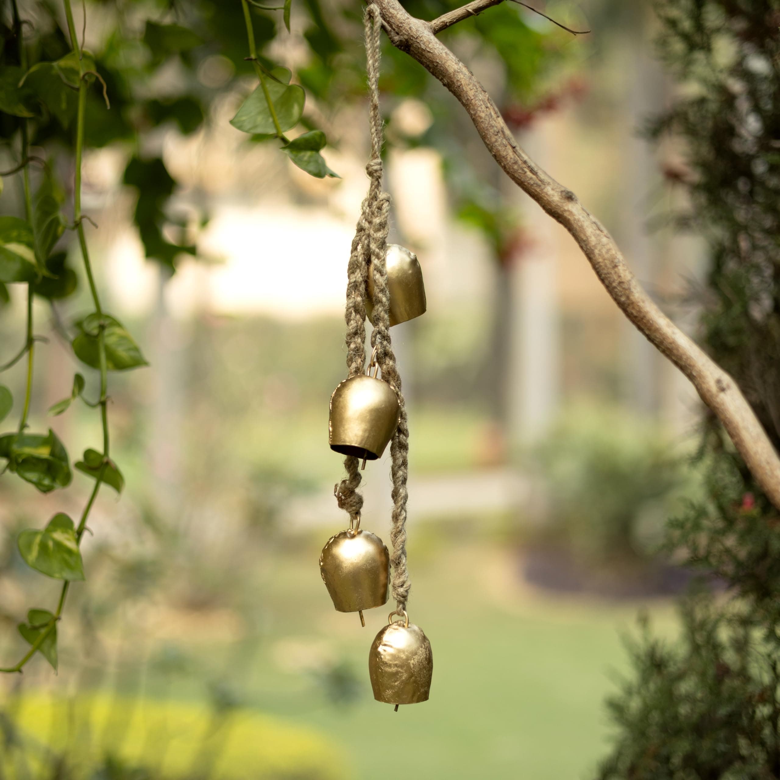Handcrafted Metal Wall Hanging Latkan with Colorful Bells Decorative Door Side Hanging Gold Painted with Rustic Finish Soothing Sound for Home & Balcony Décor