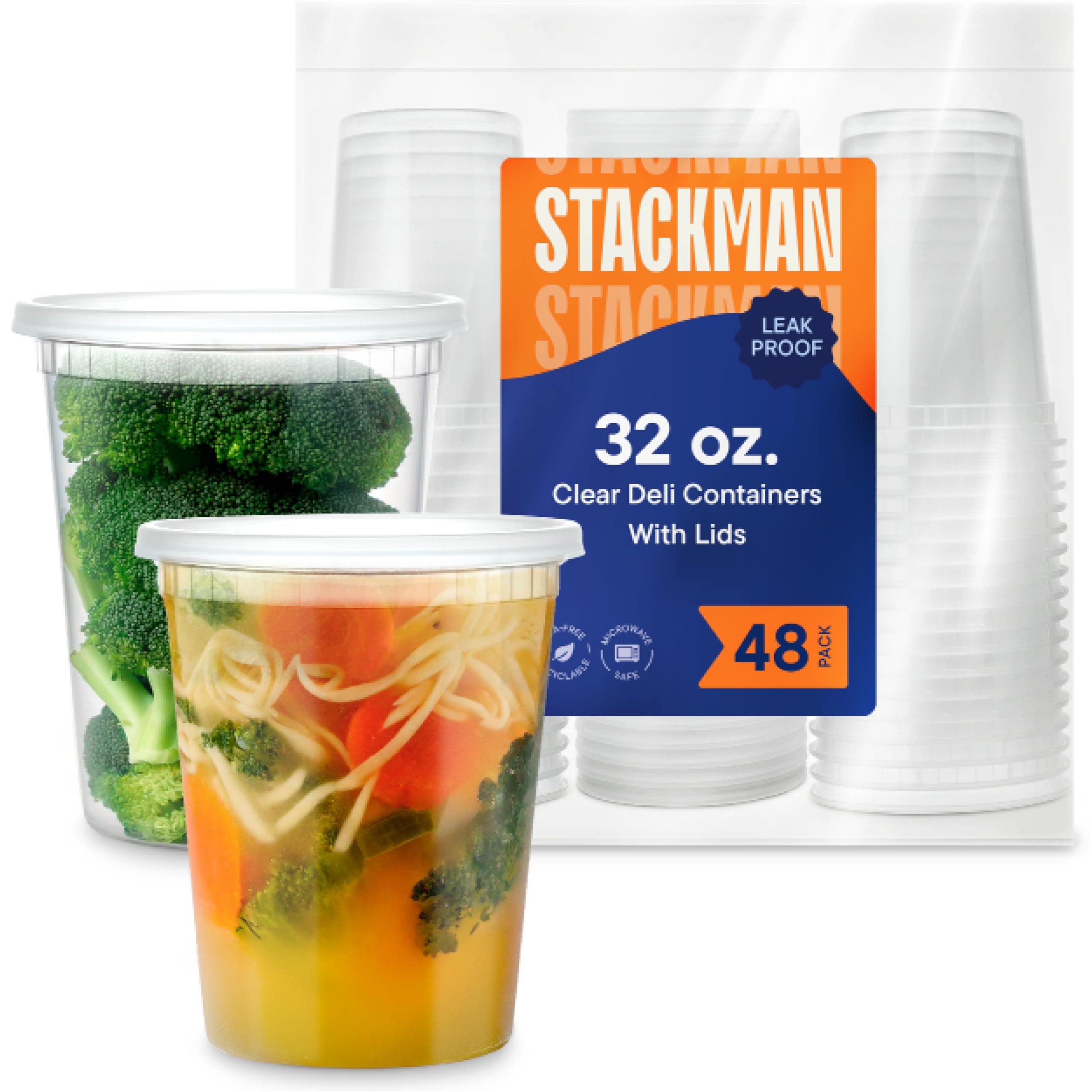 Stack Man [48 Pack, 32 oz] Plastic Deli Food Storage Soup Containers With Airtight Lids, Freezer Safe | Meal Prep | Stackable | Leakproof | BPA Free, Clear