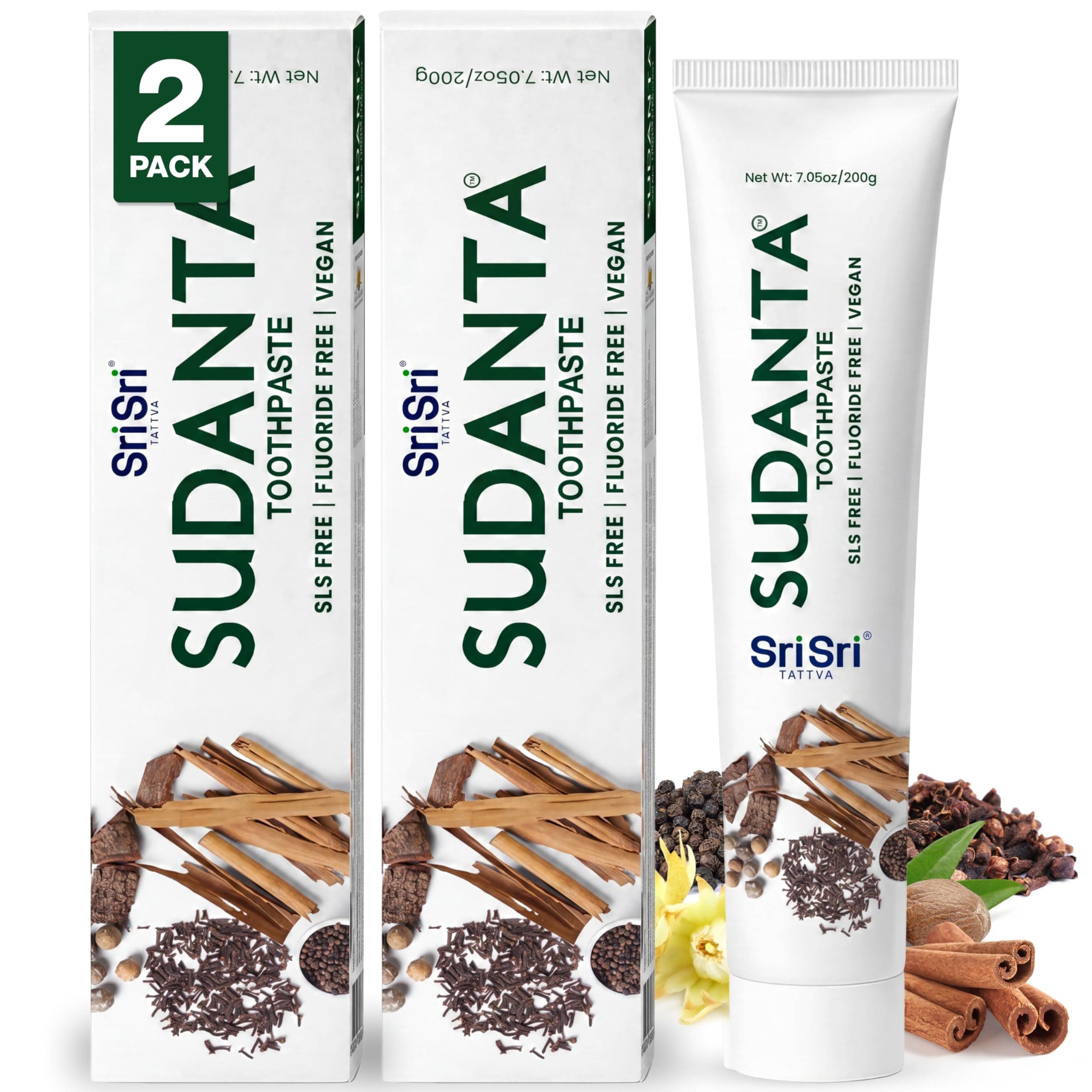 Sri Sri Tattva | Sudanta Original Toothpaste | All Natural, Fluoride Free Tooth Paste with Cloves, Cinnamon, Bakul & More | 200g (Pack of 2) | for Kids and Adults