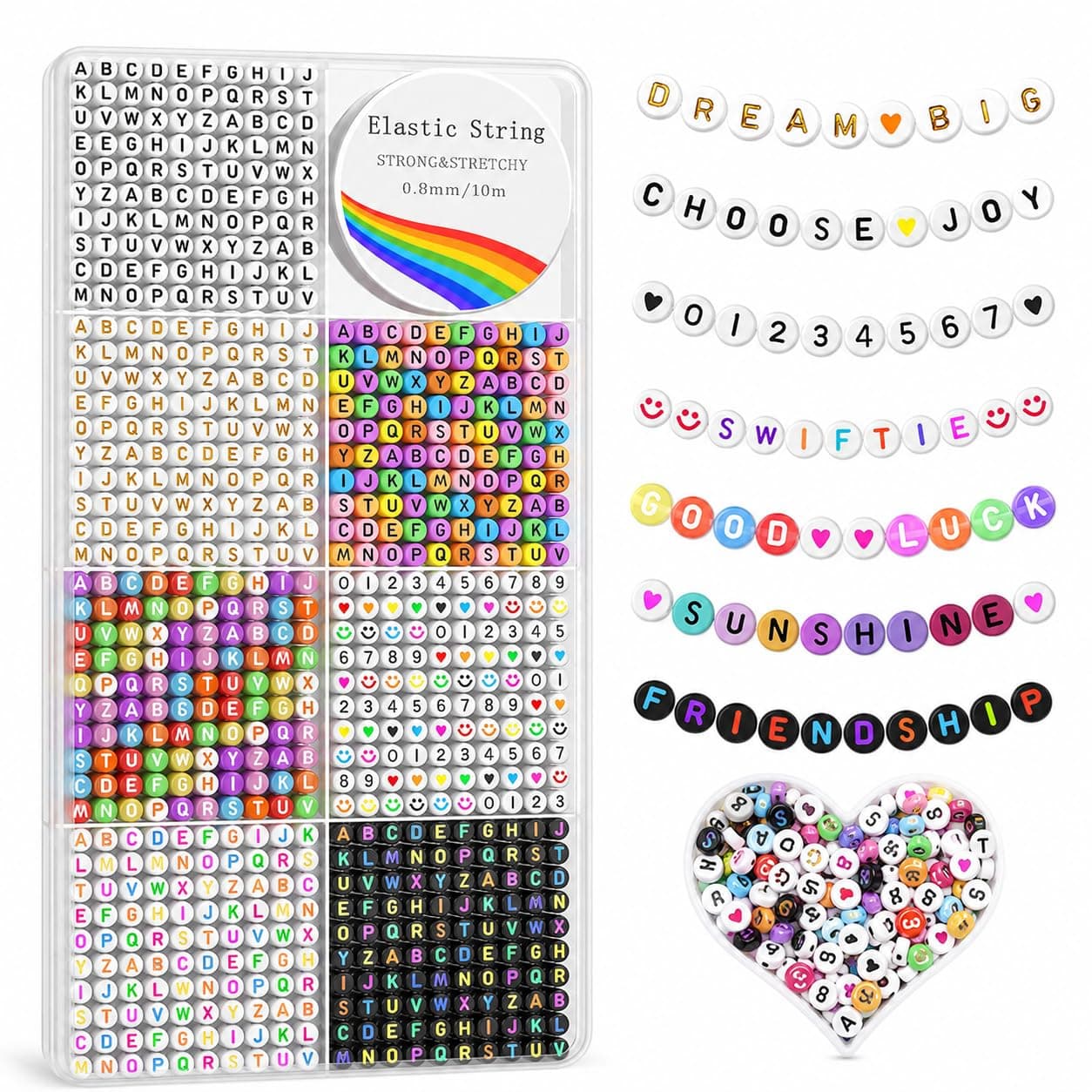 Redtwo 1600 Pcs Letter Beads Kit, 6 Styles of Colorful Alphabet Beads for Bracelet, Number Smiley Face Beads Heart Beads and a Roll of Elastic String for Friendship Bracelet Kit