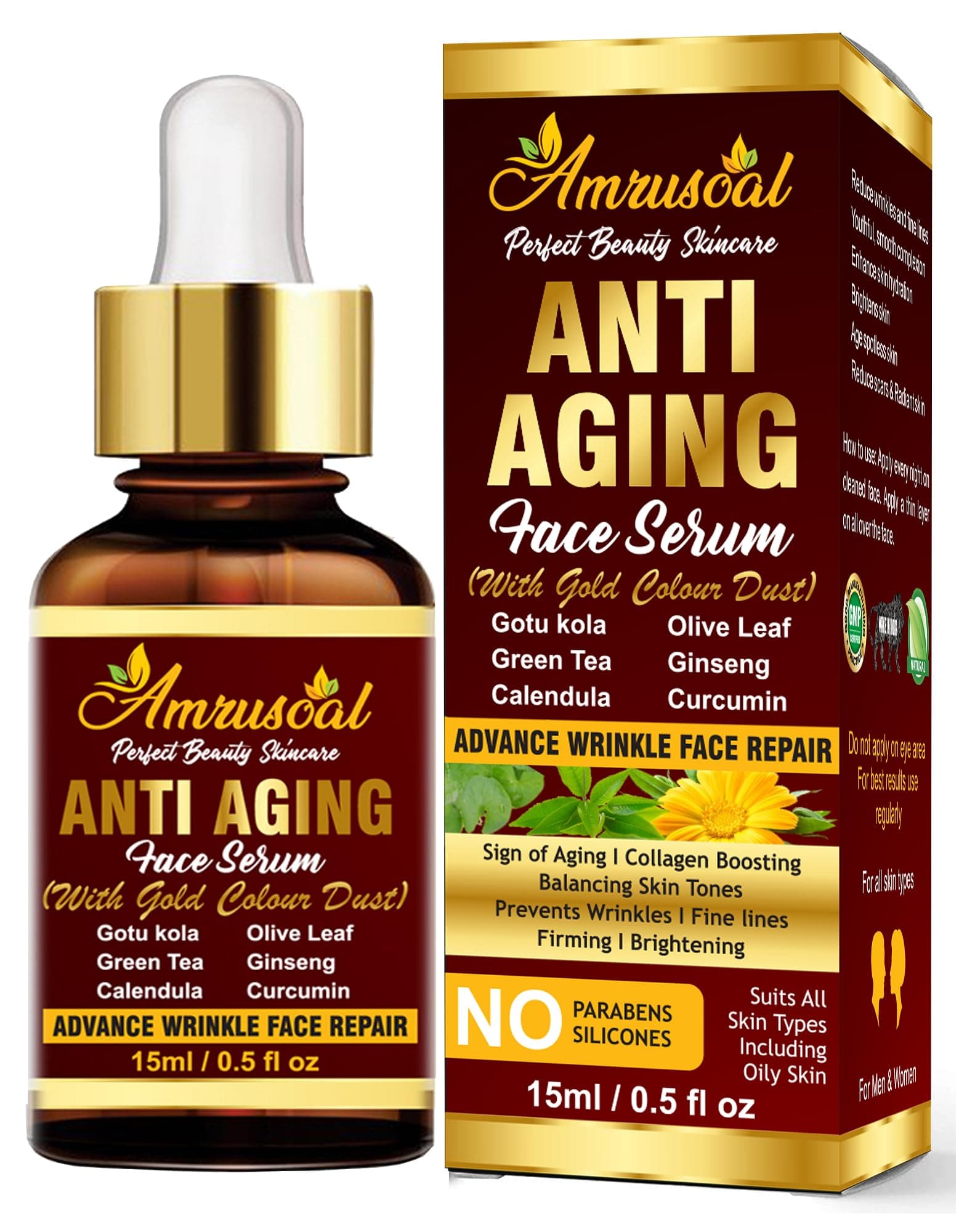 AMRUSOAL 24k Gold Dust Anti Aging Face Serum | Active Anti-wrinkle Collagen Serum for Women & Men| For Dry, oily, Normal Skin | Gotu kola, Curcumin, Green tea, Calendula -15ml