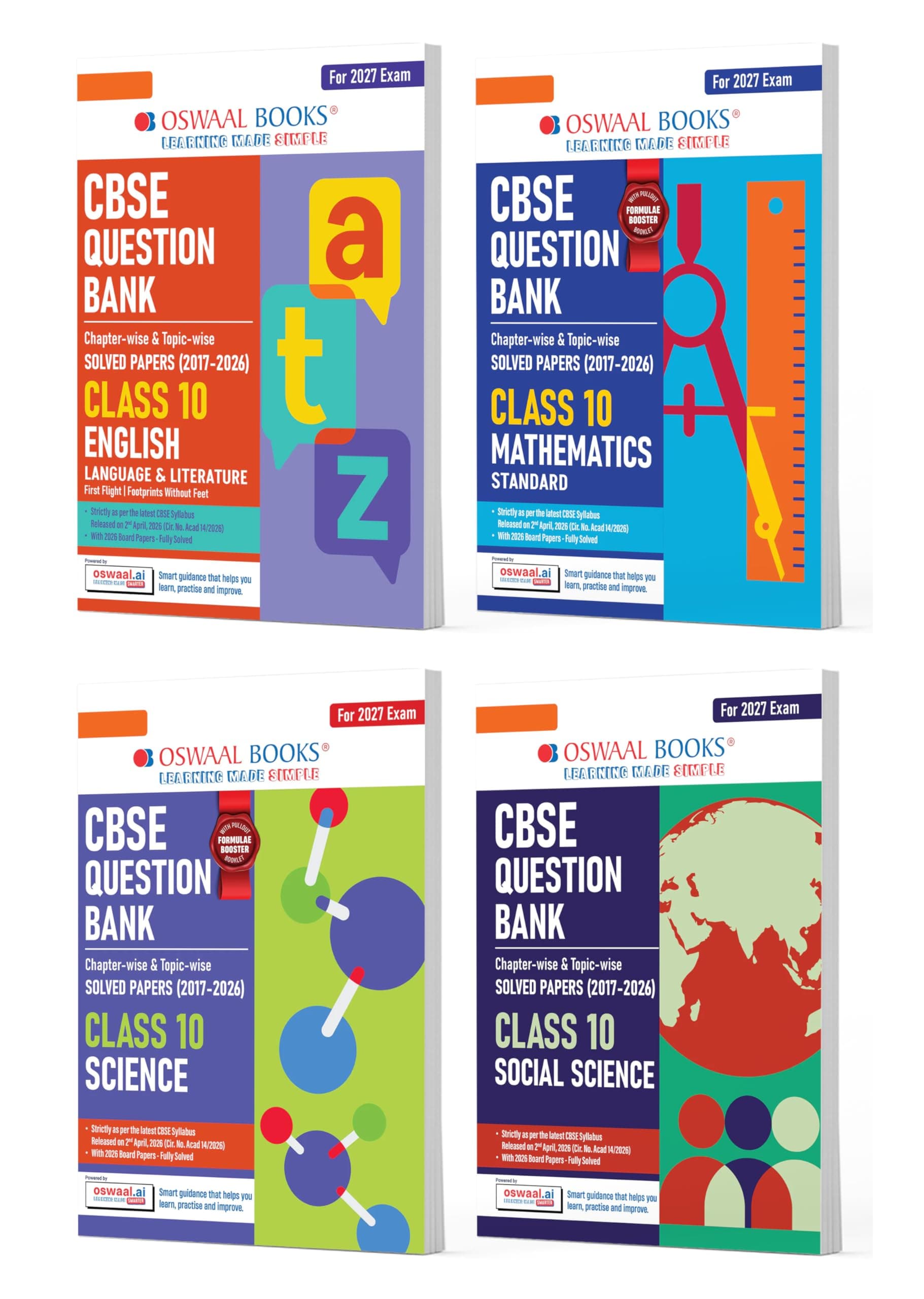Oswaal CBSE Question Bank English | Maths Standard | Science | Social Science (Set of 4 Books) For Class 10 Chapterwise and Topicwise SOLVED PAPERS With Mind Maps & Revision Notes For 2027 Exam