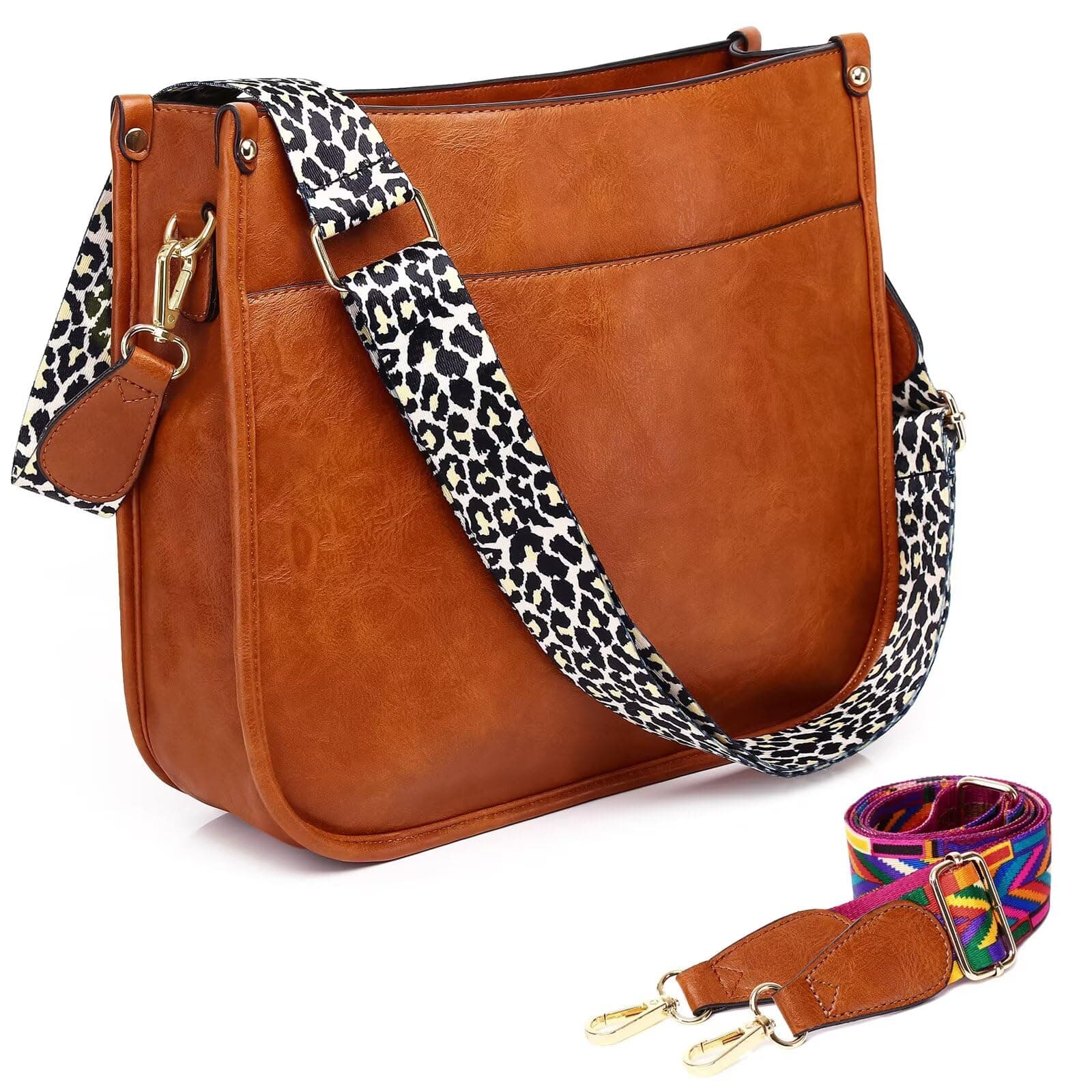 AUYOCO Vegan Leather Crossbody Bags for Women, Crossbody Purse with Guitar Strap Zipped Pockets Handbag Shoulder Bag, A-brown(including Two Straps), 12.2" x 3.94" x 10.63"