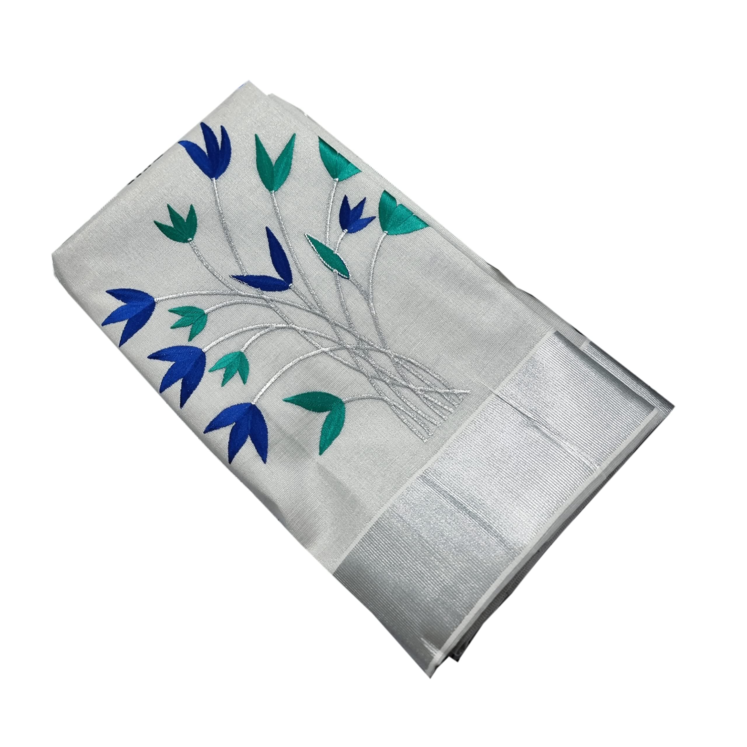 TEXATION Women's Kerala Kasavu Silver Tissue Leaf Design Embroidry Saree With Running Blouse (Saree 5.5meter, Blouse 0.8 meter)