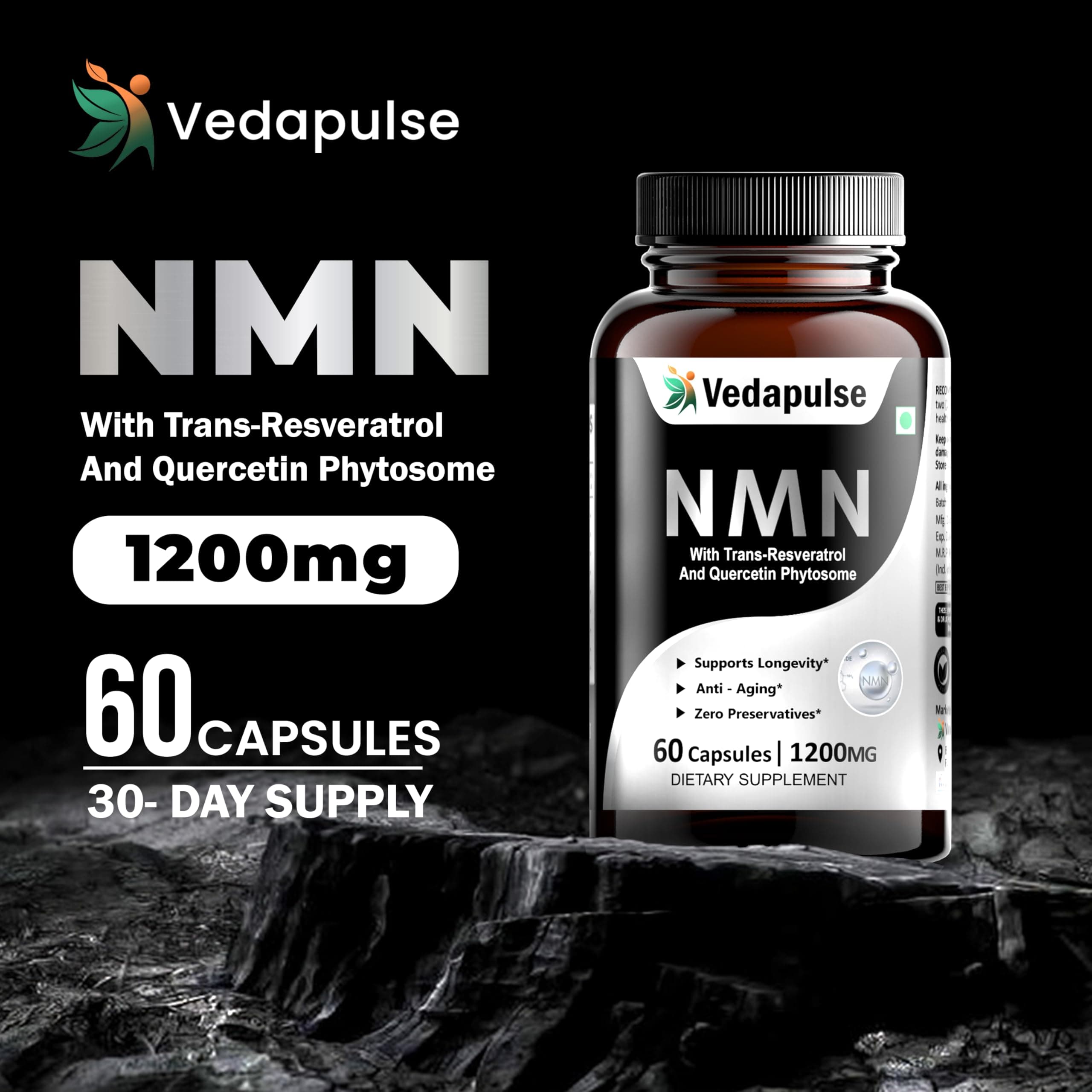 Vedapulse NMN 1200mg Supplement with Trans-Resveratrol & Quercetin Phytosome – Anti-Aging & Longevity Support – 60 Capsules