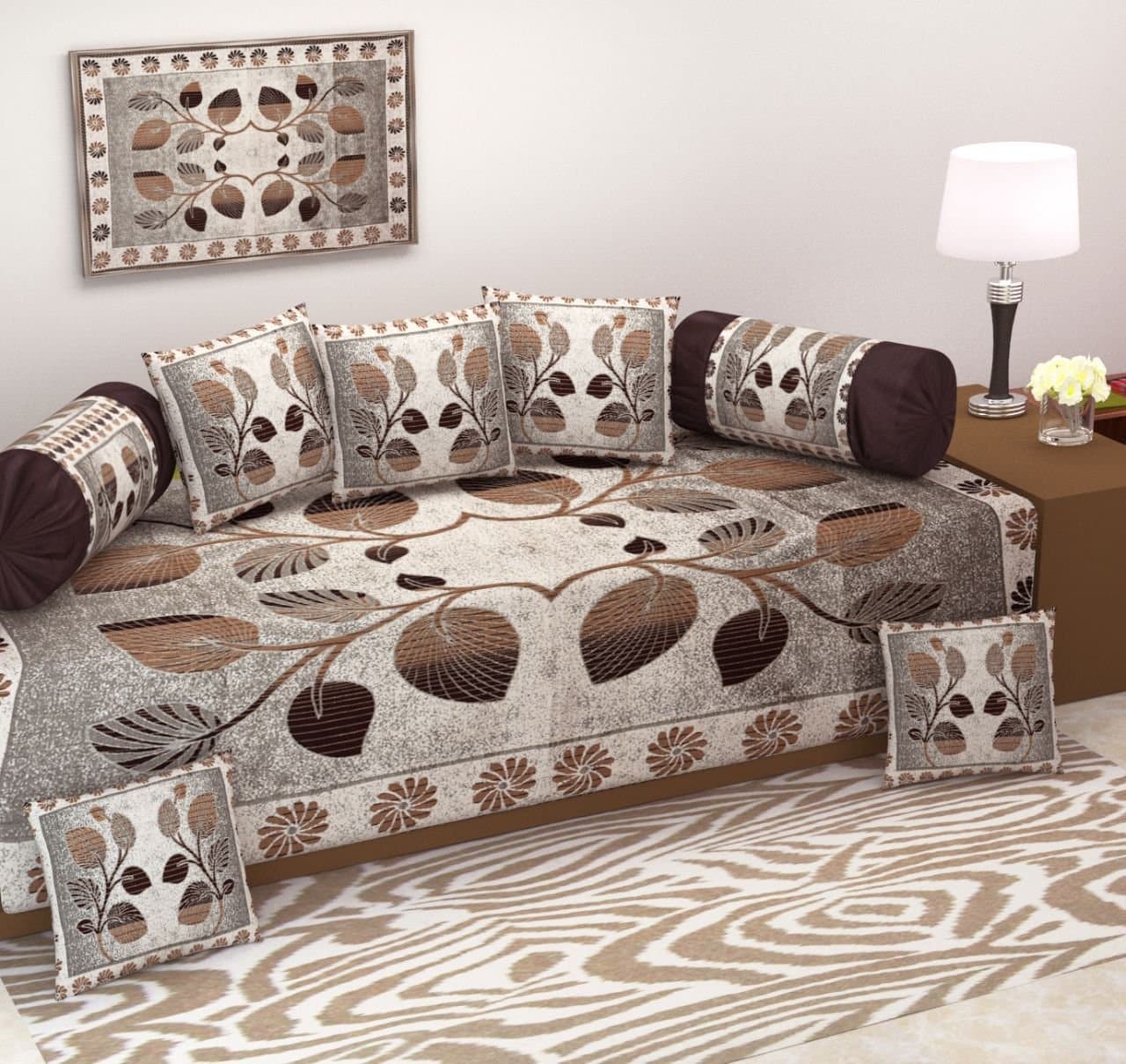 Ab Home Decor Chenille Exclusive Heavy Fabric 500 TC Floral Design Diwan Bedsheet Set for Living Room (Brown) - 8 Pieces.