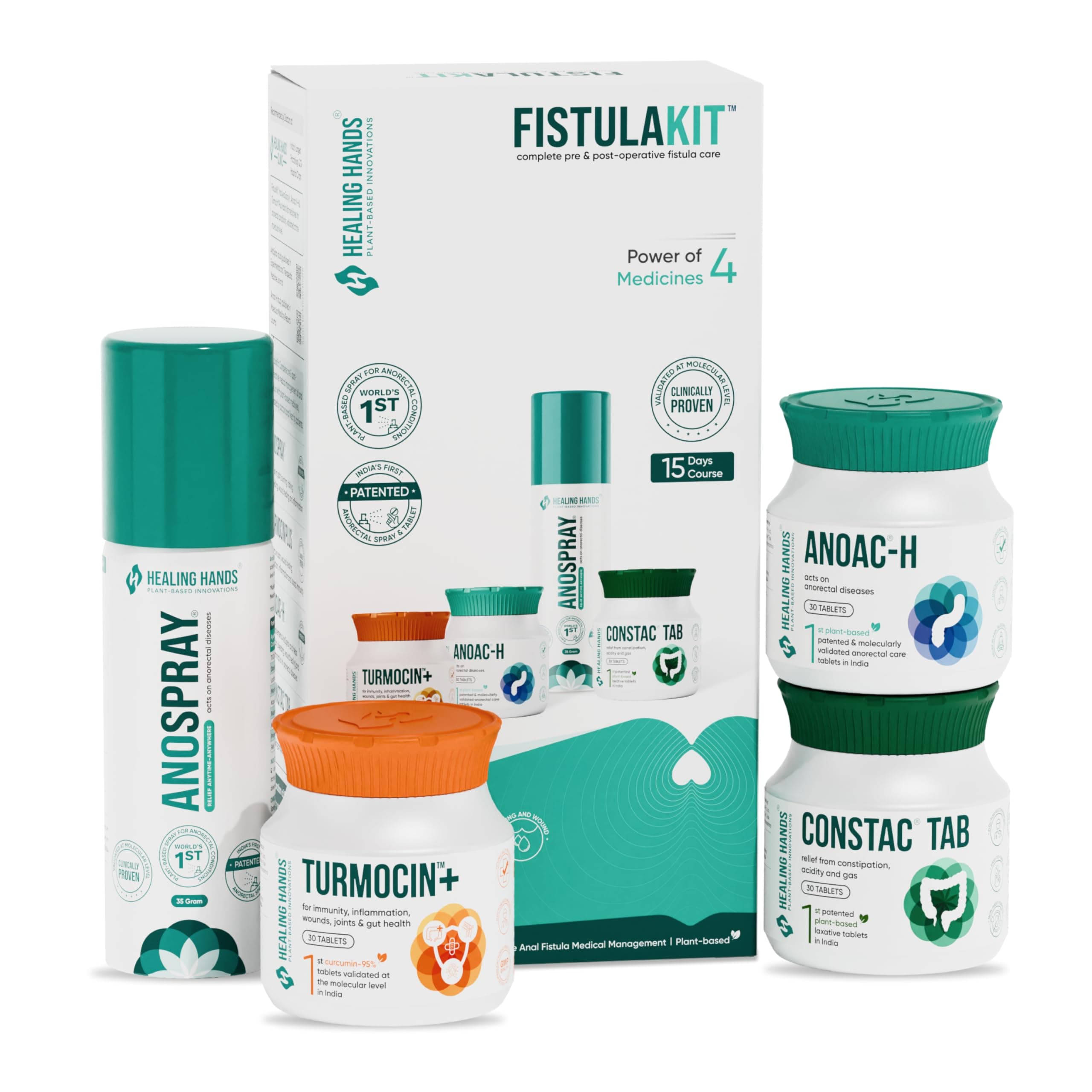 Healing Hands FistulaKit Post-Op Anal Fistula Care Kit – 15 Days, AnoSpray + Turmocin Plus + Anoac-H + ConstacTab, Patented Plant Based Anal Fistula Solution, Clinically Proven, Herbal & Natural