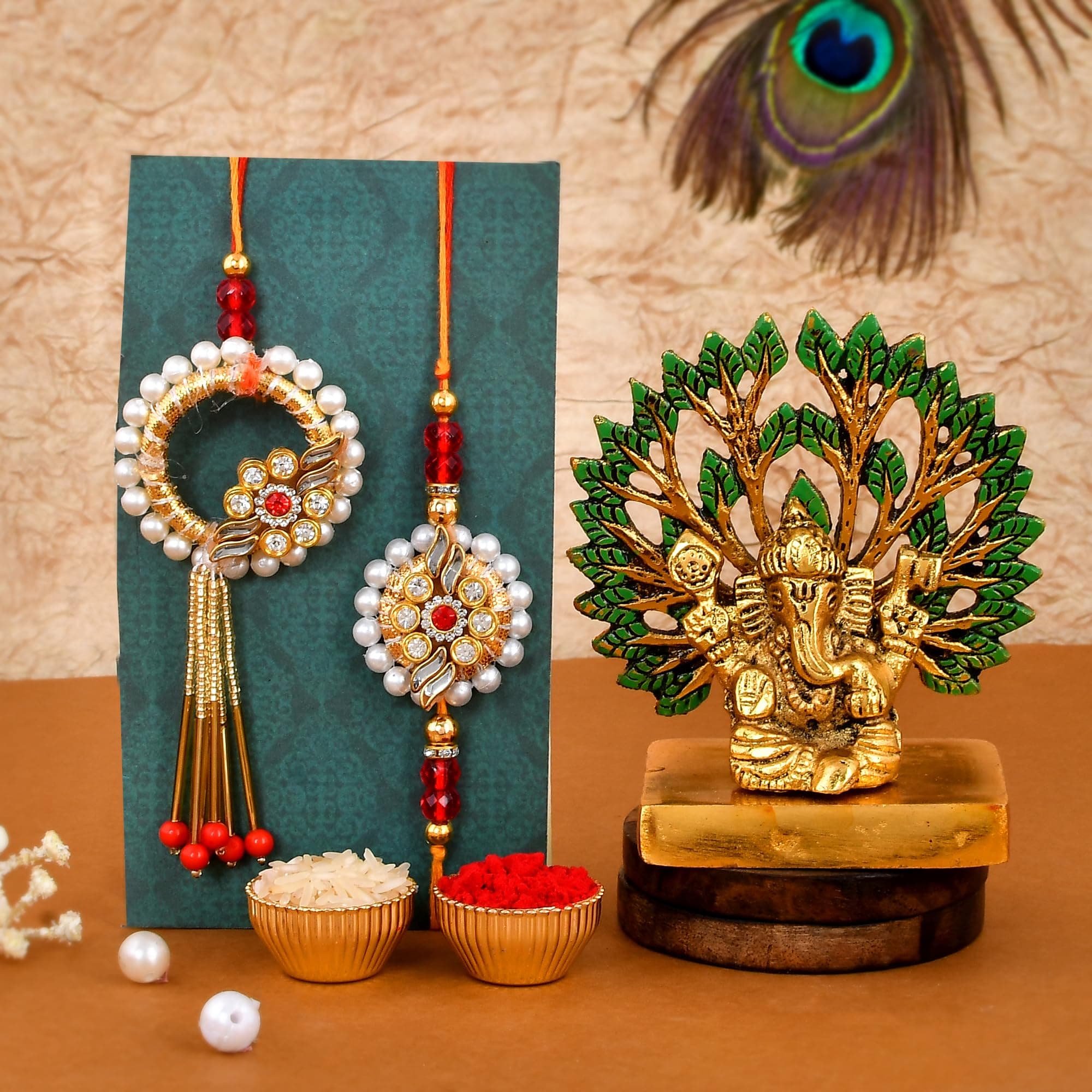 CraftVatika Rakhi Gift Combo for Brother Bhaiya and Bhabhi | Bhaiya Bhabhi Couple Rakhi Set of 2 | Rakhi with Ganesha Idol Gift for Brother | Premium Kundan Lumba Rakhi for Bhabhi