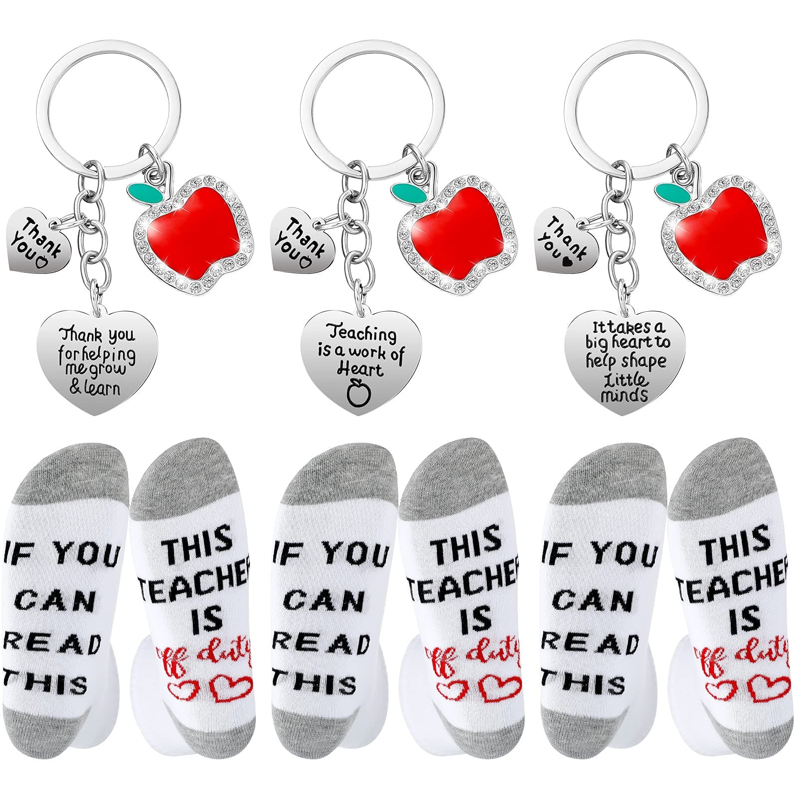 6 Pieces Teacher Keychain Gifts Set Teacher Key Ring Appreciation Sock Gifts Valentines Day Gifts for Teacher, Multicolor, ring with diameter of 1.2 in/ 3 cm
