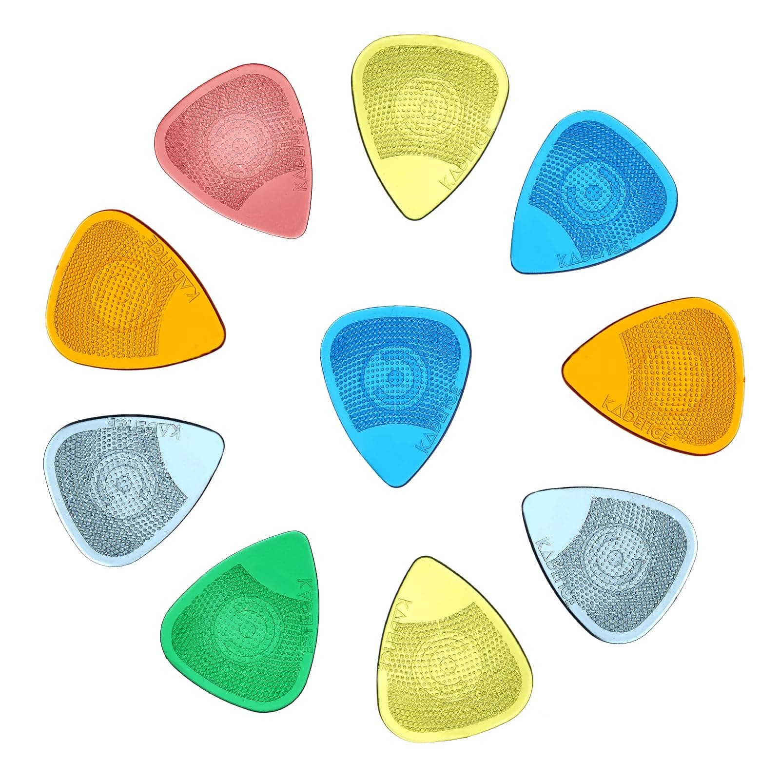 Kadence 10 Guitar Picks with Hostile Grip in 0.48, 0.58, 0.71, 0.77, 0.88 and 0.99mm with Mix Colors, Anti slip, Stronger, Guitar Plectrums (Mix Colors and Various Thickness)