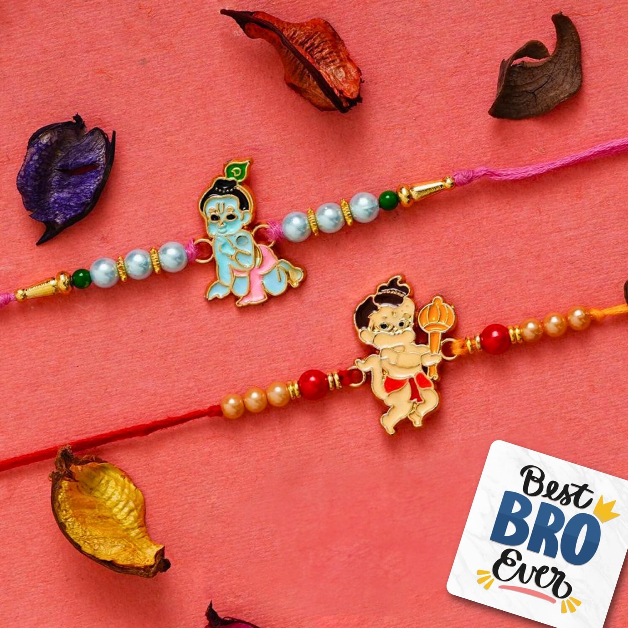 eCraftIndia Set of 2 Multicolor Religious Lord Krishna & Lord Hanuman Designer Kids Rakhis, Best Bro Ever Fridge Magnet with Roli Chawal Pack - Rakhis for Brothers