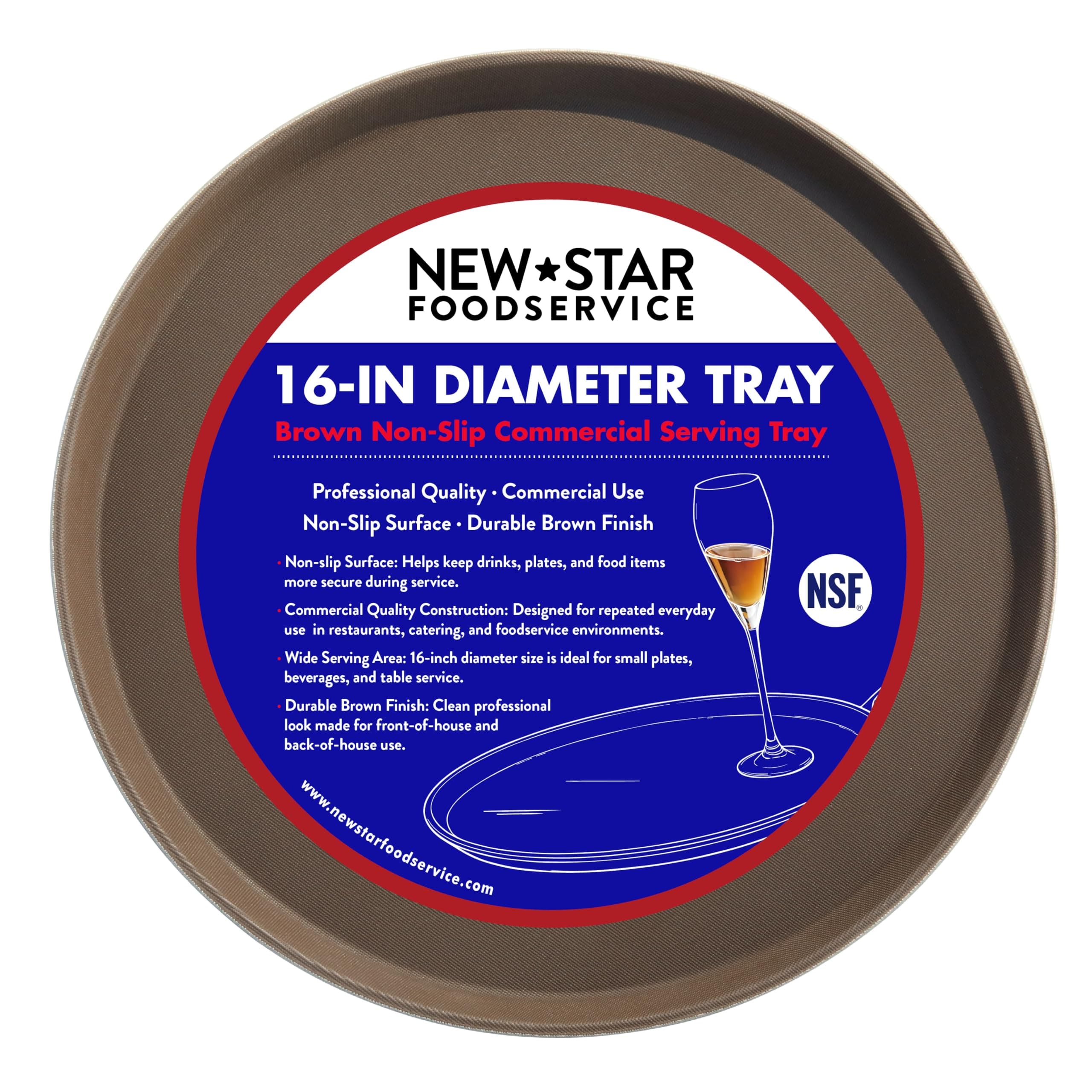 New Star Foodservice Non-Slip Tray, Plastic, Rubber Lined, Round (Brown, 16-Inch)