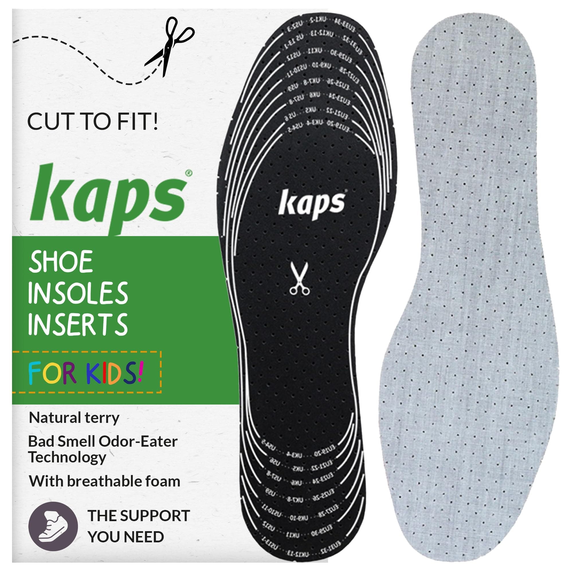 Best Shoe Insoles Inserts for Children | Bad Smell Odor-Eater Technology with Breathable Foam |Cut to Fit | Kaps Odour Stop Kids Made in Europe Multicolor, Multicolor, All size, cut-to-fit